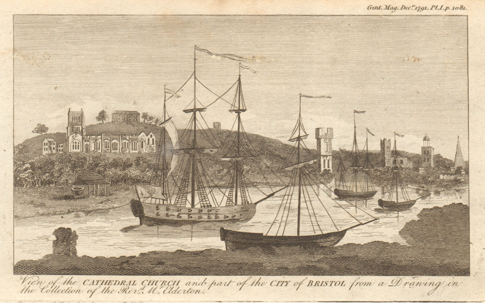 View of the Cathedral Church and part of the City of Bristol 1791 old print