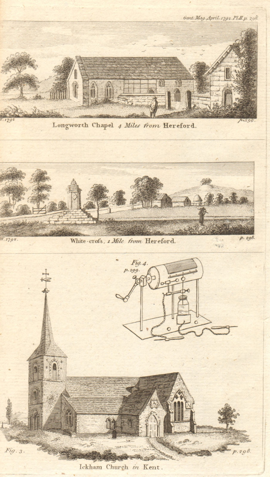 Longworth chapel. White Cross, Hereford. Ickham church, Kent 1792 old print