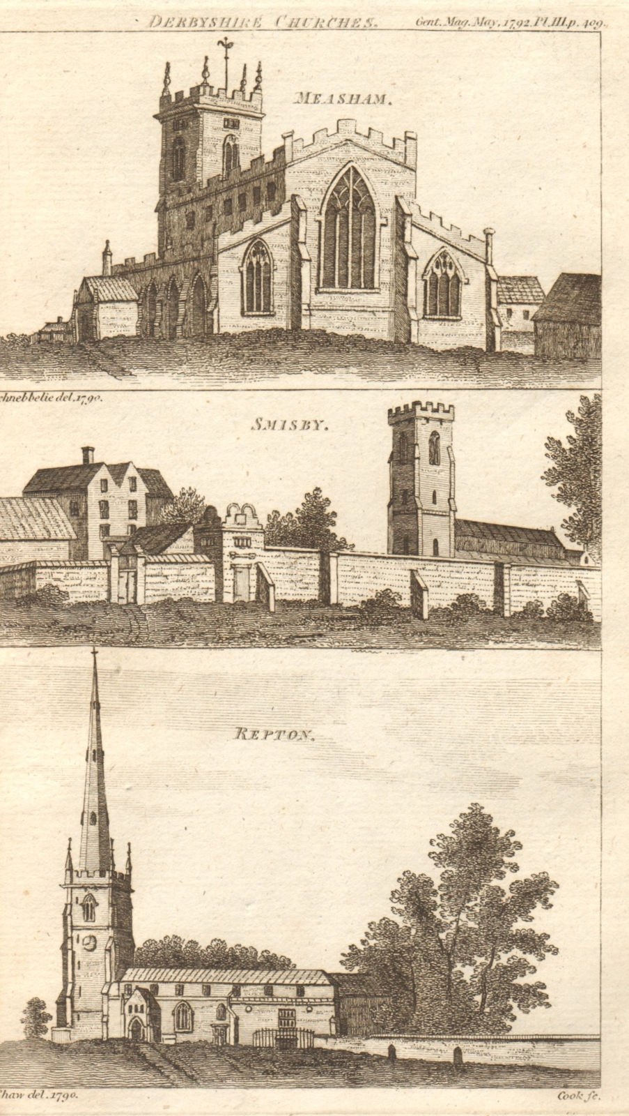 St Laurence Measham. St James Smisby. St Wystan Repton. Derbyshire churches 1792