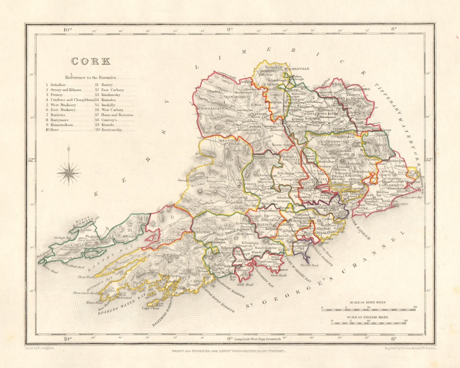 COUNTY CORK antique map for LEWIS by DOWER & CREIGHTON. Ireland 1846 old
