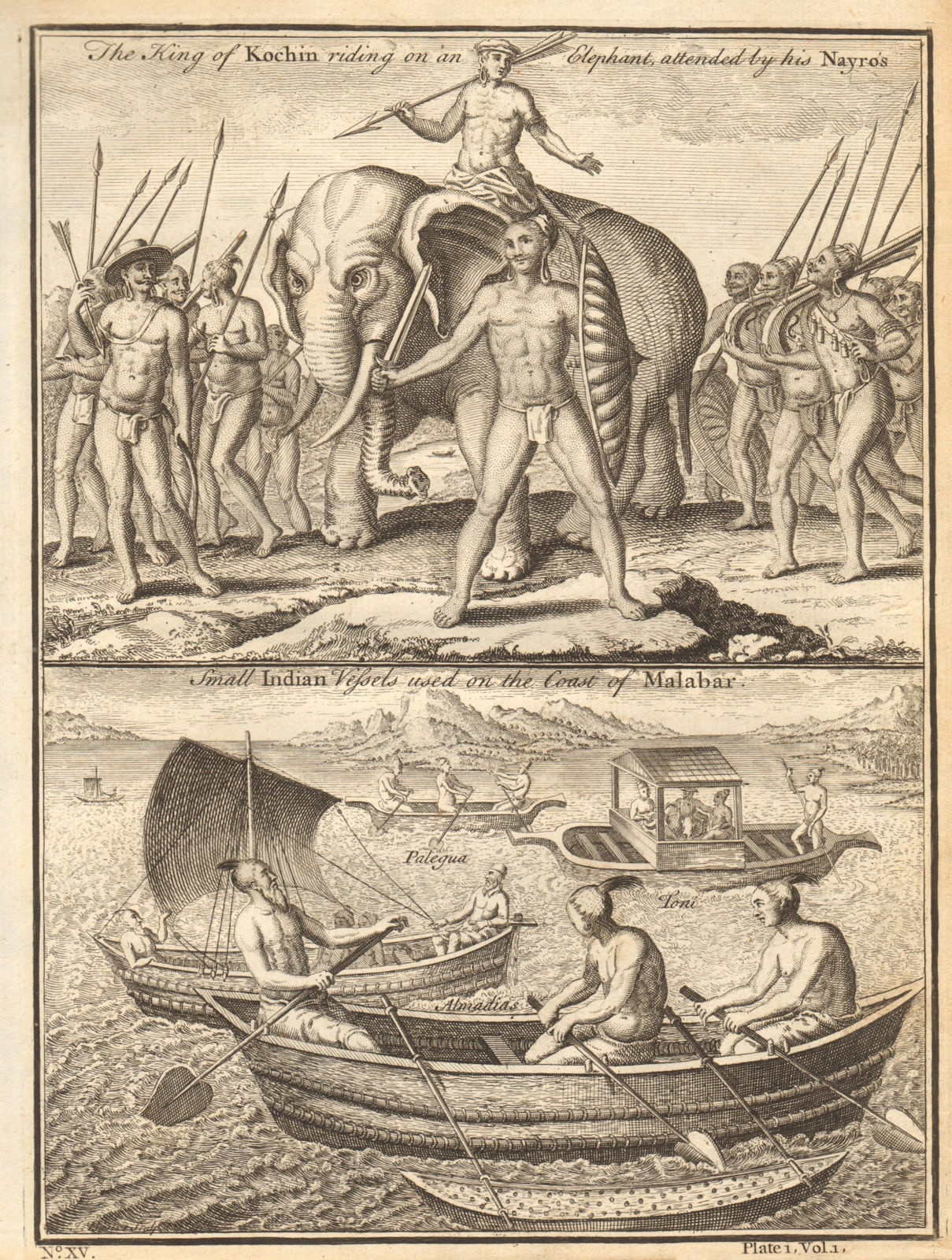 King of Kochin riding an Elephant. Malabar coast canoes. Kerala. Nayres 1745