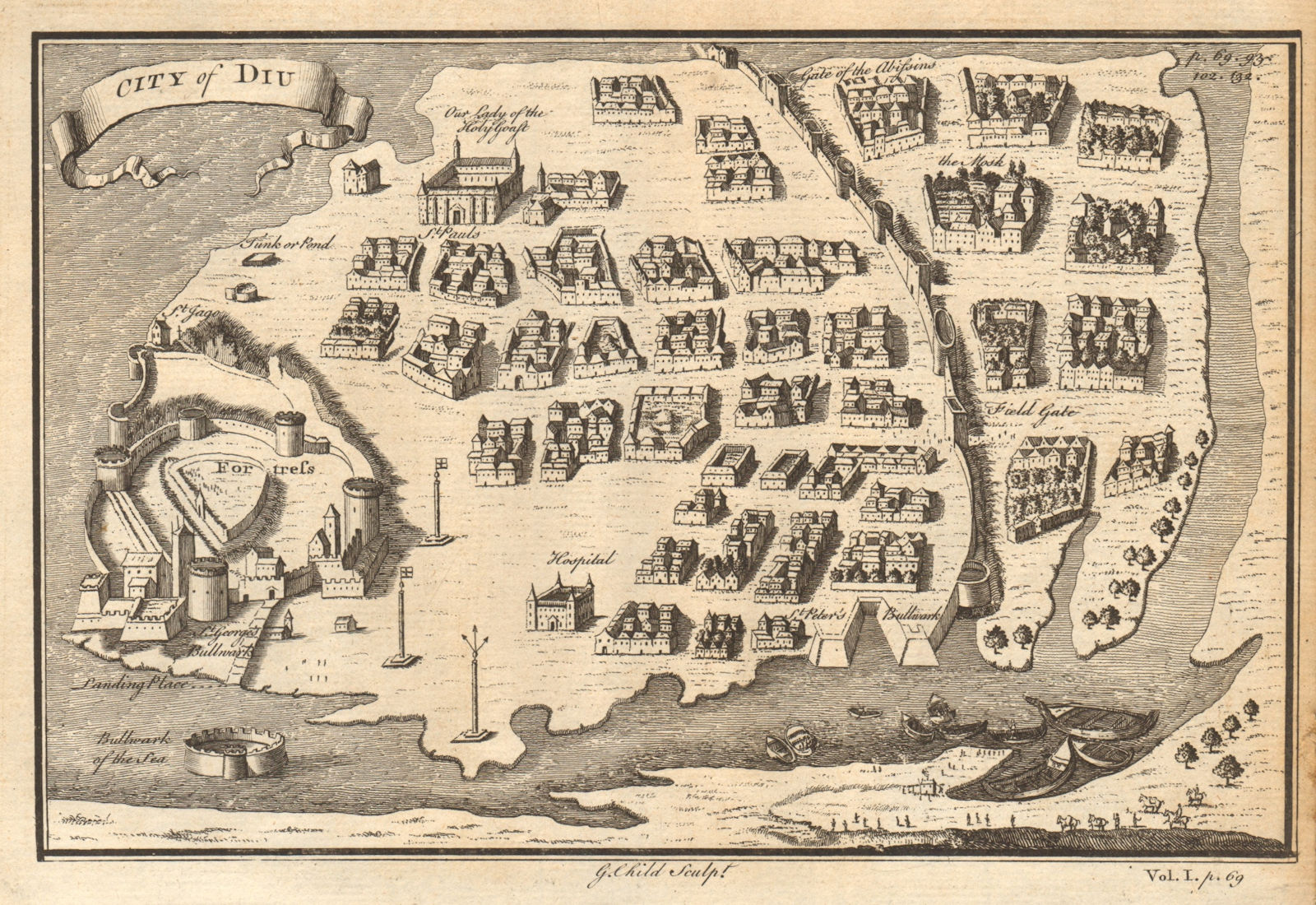 City & fortress of Diu. Town plan/perspective view, Daman & Diu. CHILD 1745 map