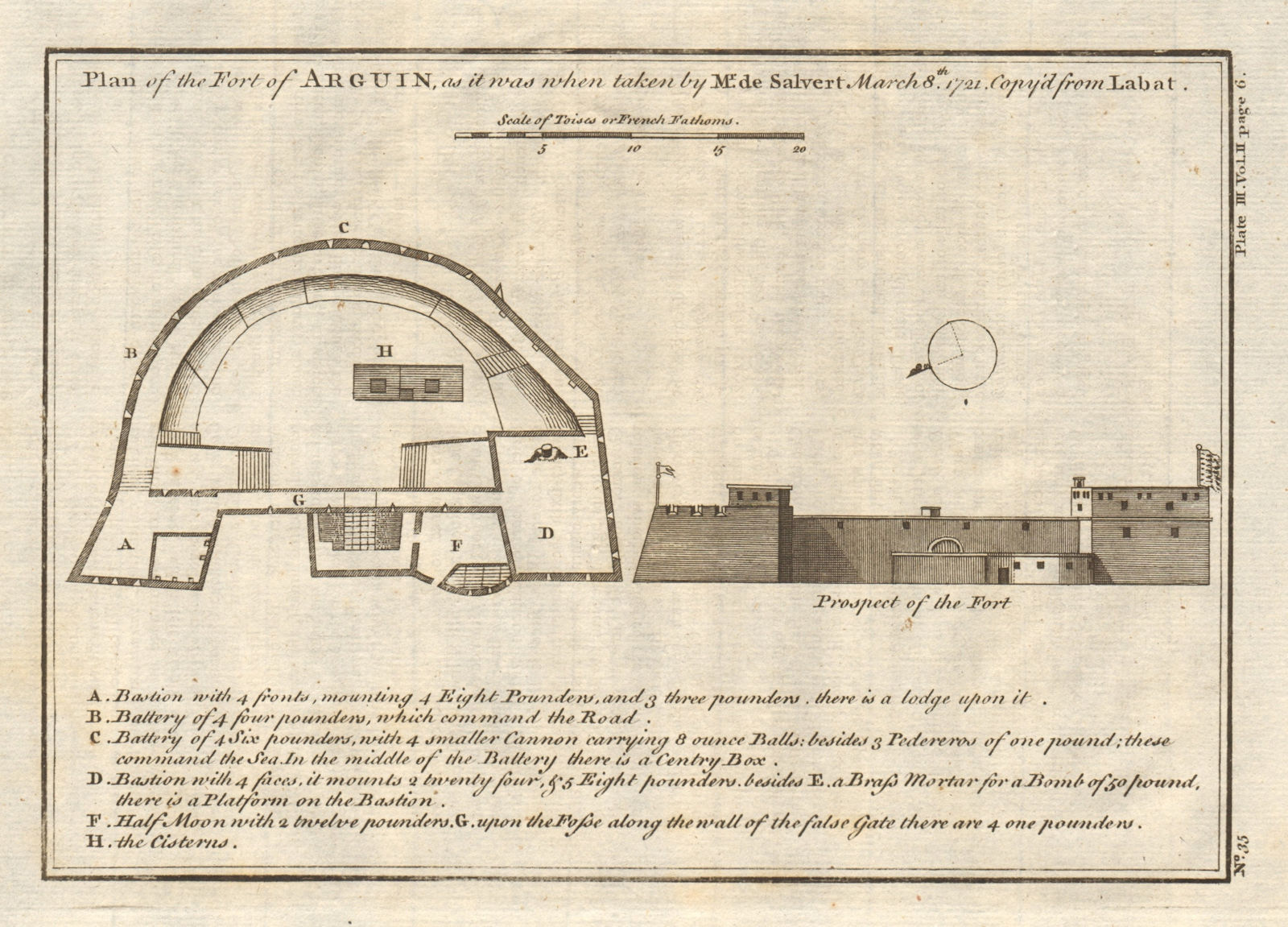 A plan of the Fort of Arguin. Mauritania. LABAT 1745 old antique map chart