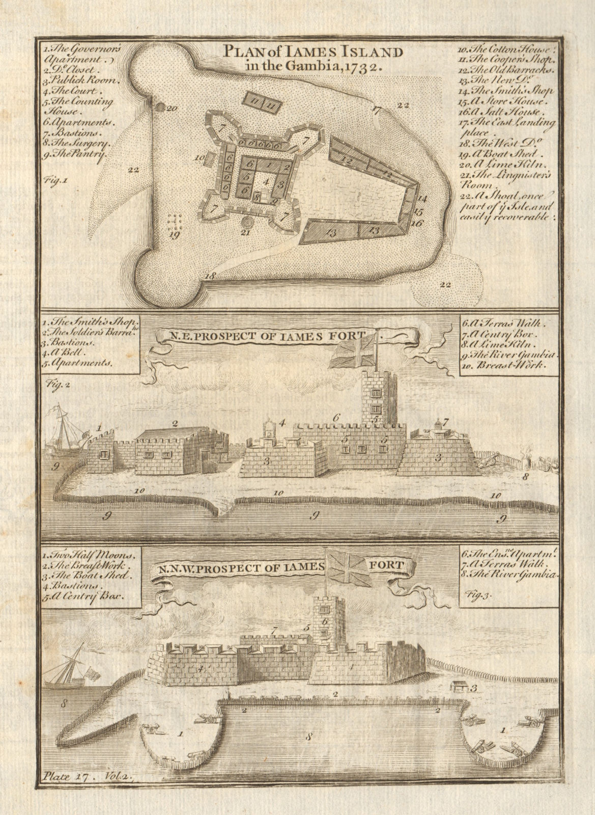 Views and plan of Fort James, Kunta Kinteh Island, Gambia River 1745 old map