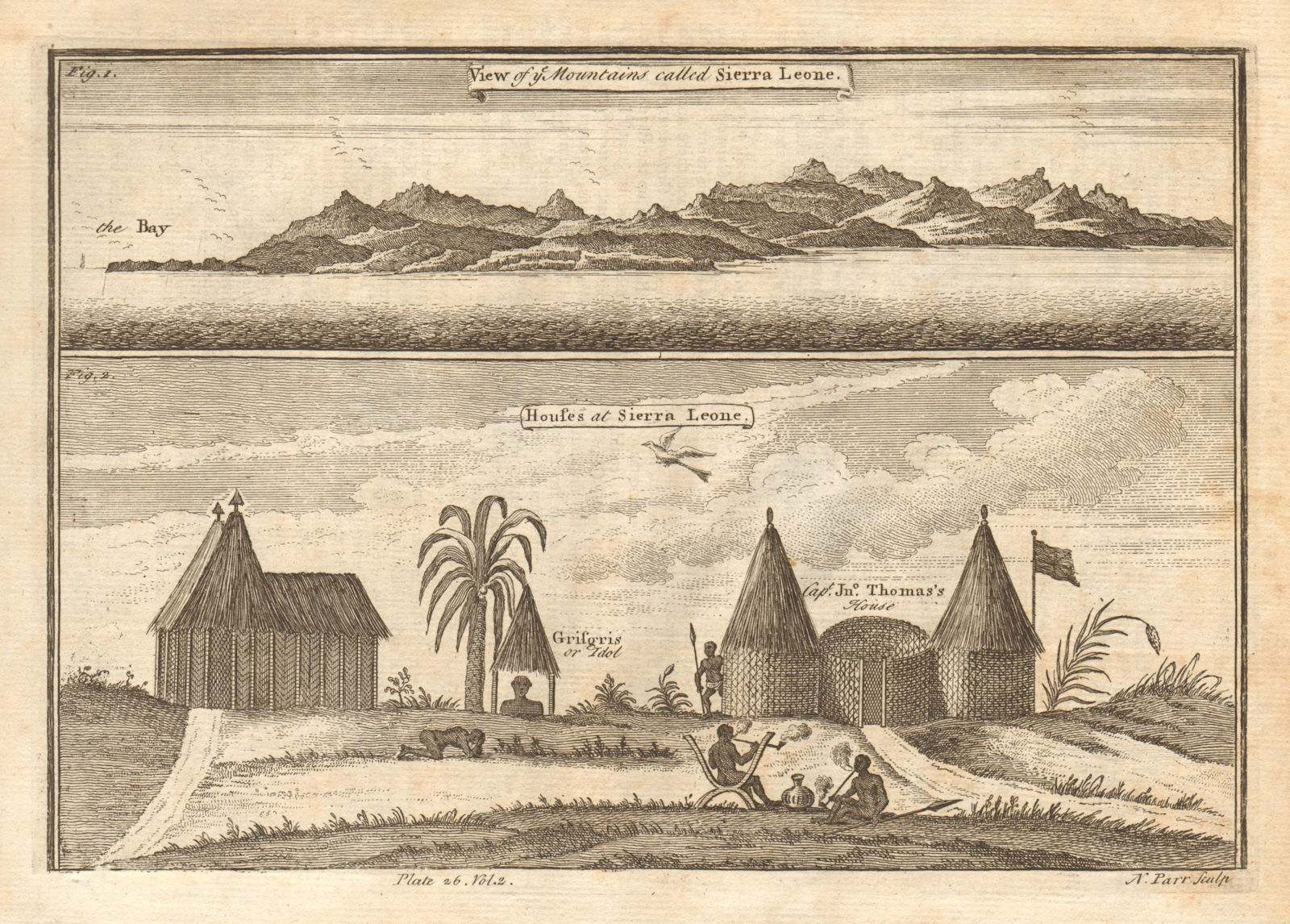 View of the mountains & coast of Sierra Leone. Houses. Grisgris idol. PARR 1745