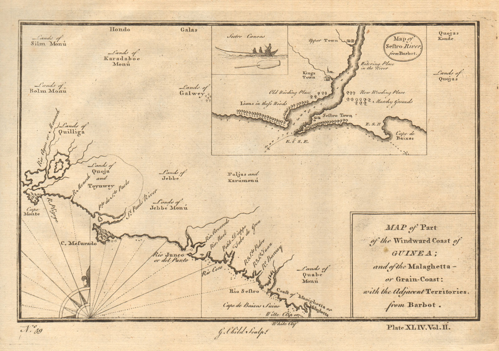 Windward coast of Guinea… Sestro River. Liberia coast. Monrovia. CHILD 1745 map
