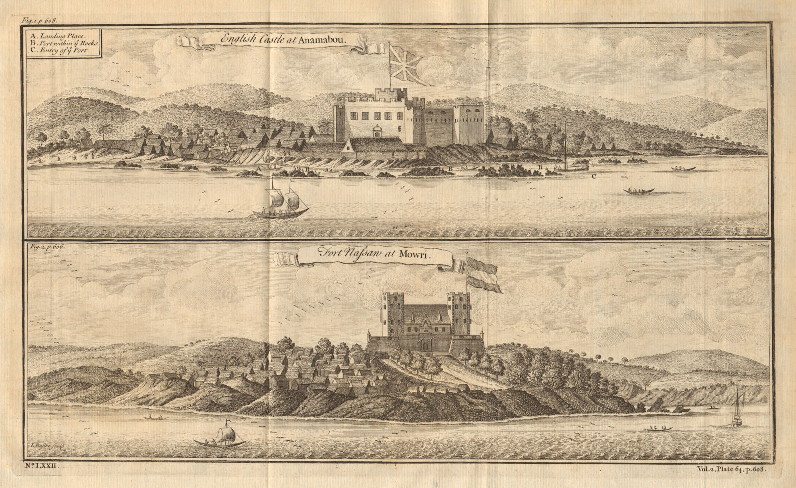 Ghana Forts. Fort Charles (now William) Anomabu. Fort Nassau, Moree 1745 print