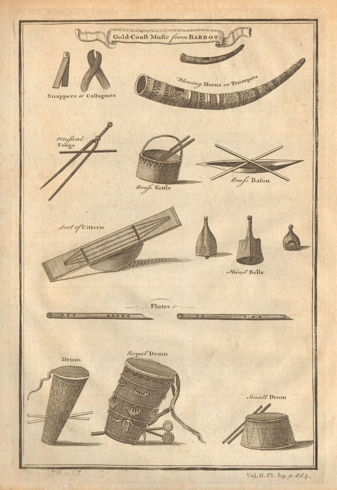 Associate Product Gold Coast musical instruments. Ghana 1745 antique vintage print picture