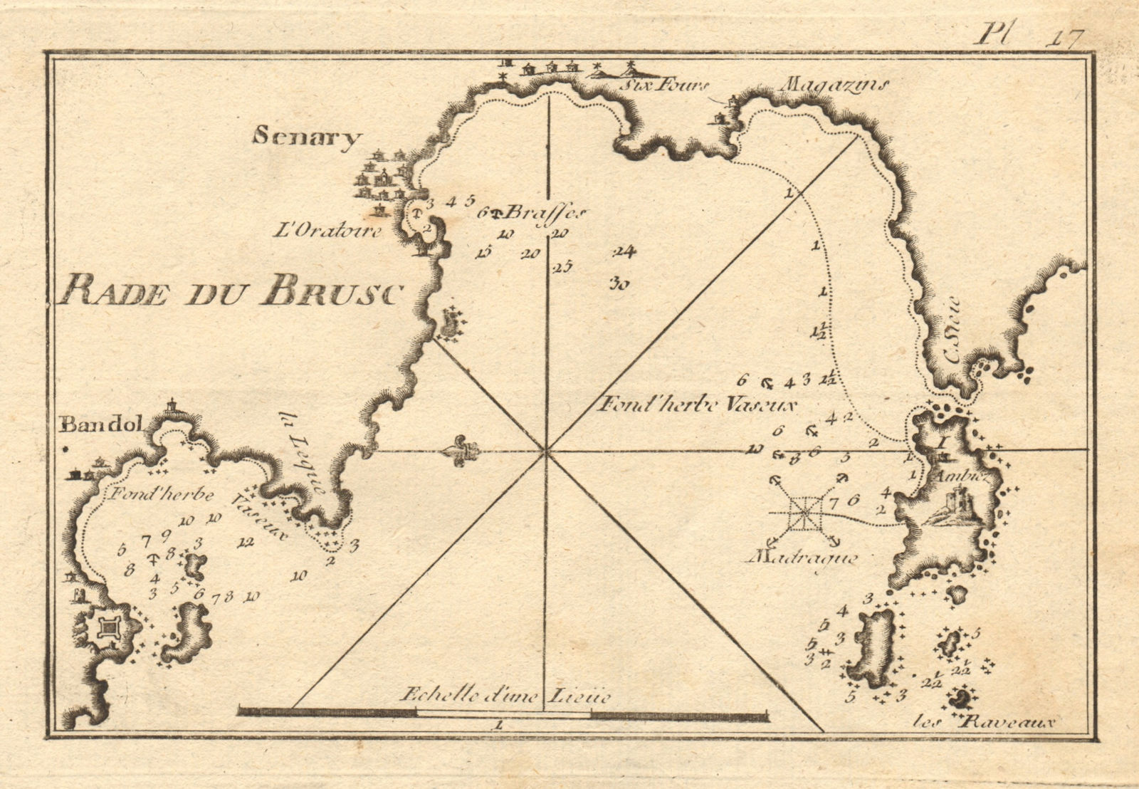 Rade de Brusc. Bandol, Sanary-sur-Mer, Six-Fours coast. Var. ROUX 1804 old map
