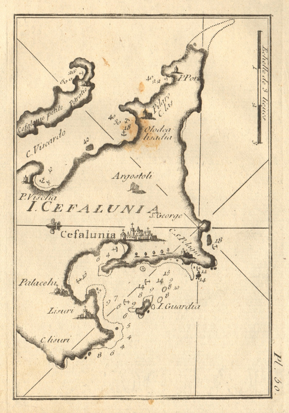 Cefalunia. Cephalonia (Kefalonia) Island & port and Ithaki. Greece ROUX 1804 map