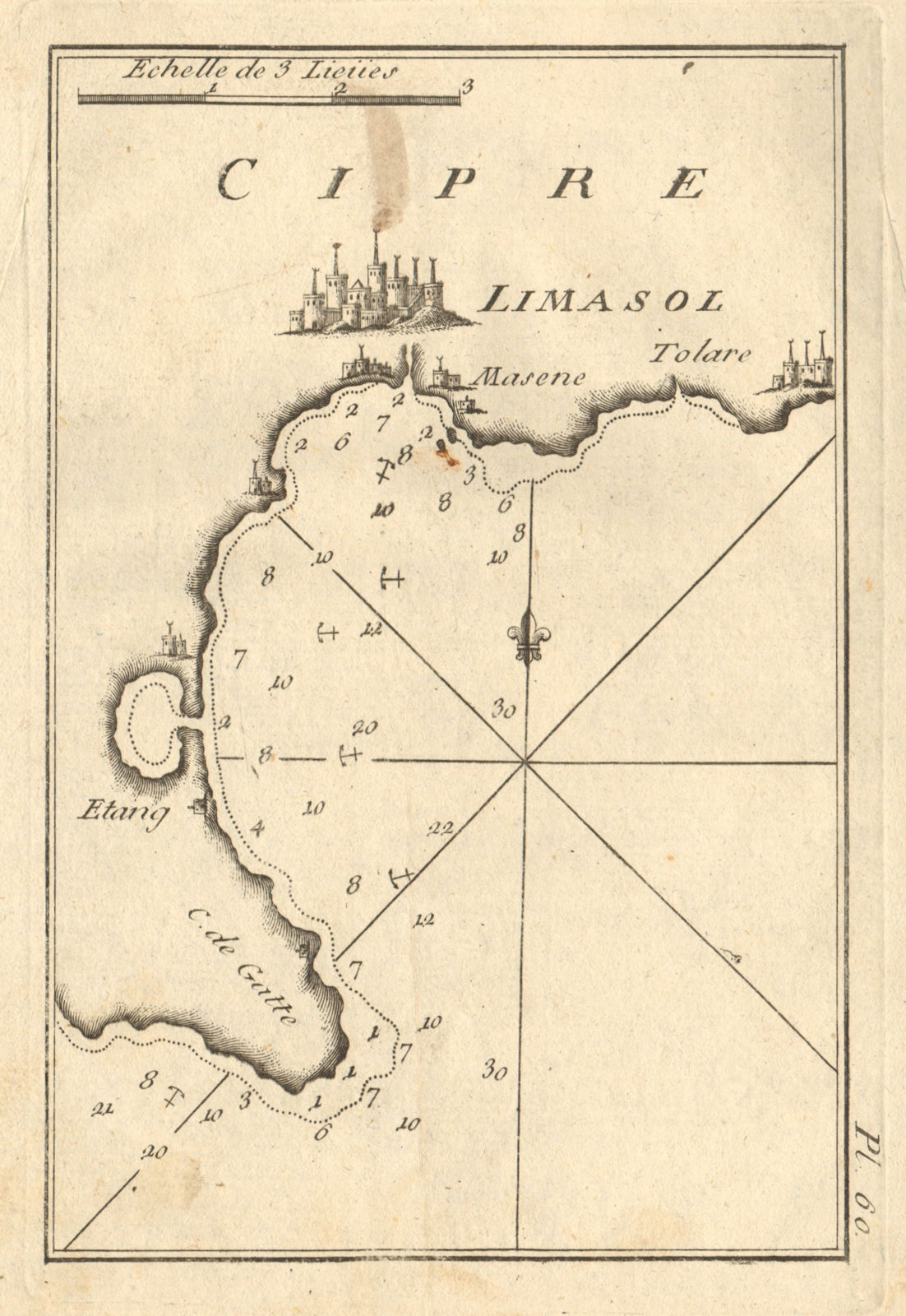 Limasol (Cipre). The Bay and Port of Limassol, Cyprus. Akrotiri. ROUX 1804 map