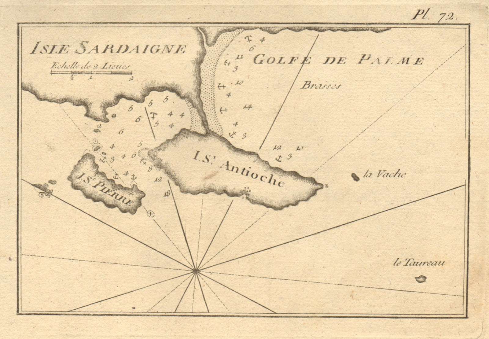 Sant'Antioco & San Pietro islands. Porto Botte Bay. Sardinia Italy ROUX 1804 map