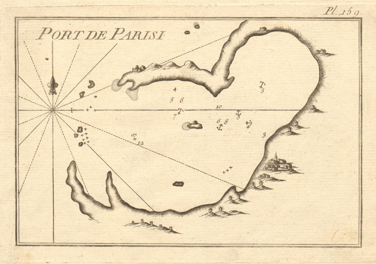 Port de Parisi. The harbour of Parikia, Paros, Cyclades. Greece. ROUX 1804 map