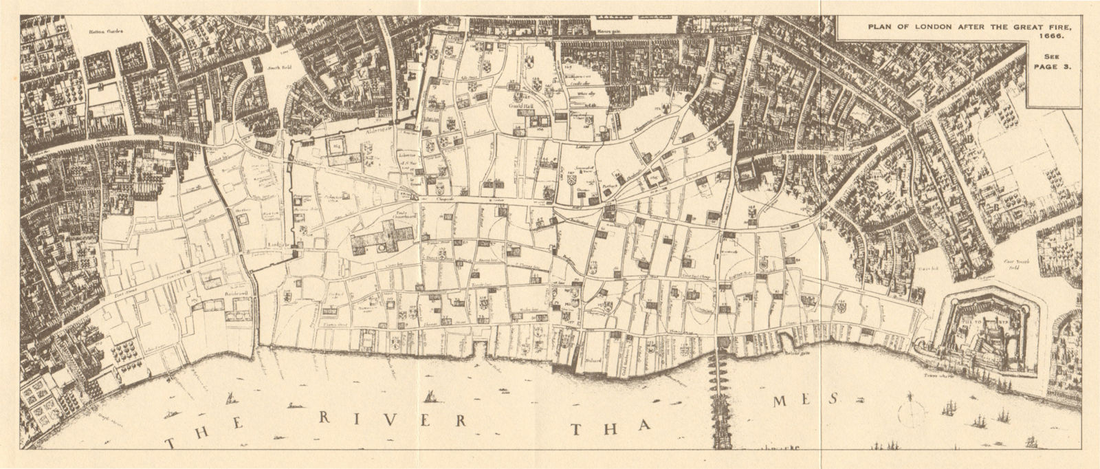 MEDIEVAL LONDON. Plan of London after the Great Fire 1666 1923 old vintage map