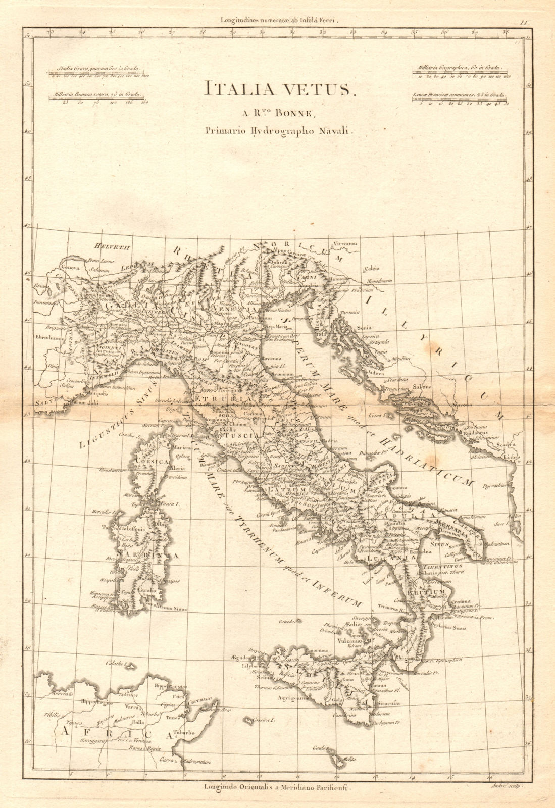 Italia Vetus. Ancient or Roman Italy. BONNE 1787 old antique map plan chart