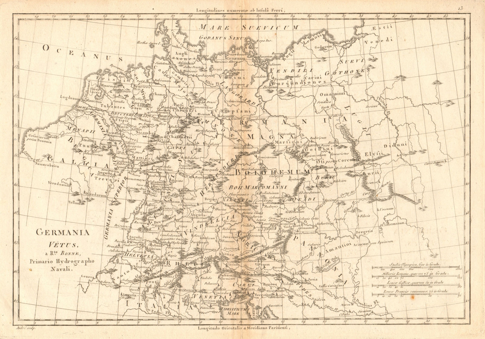 Germania Vetus. Ancient Germany. Netherlands Switzerland. BONNE 1787 old map