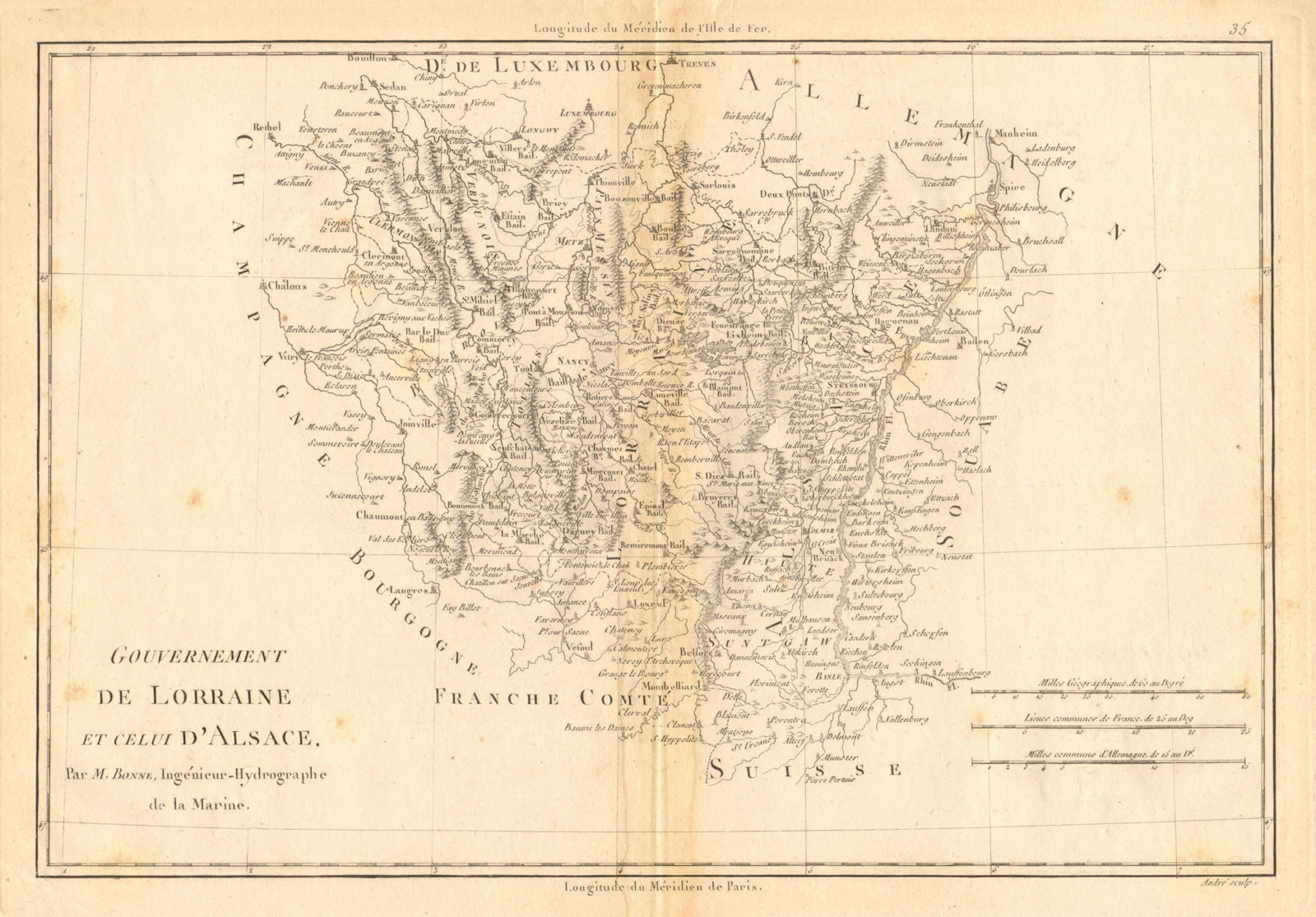 Gouvernement de Lorraine et celui d'Alsace. North-east France. BONNE 1787 map