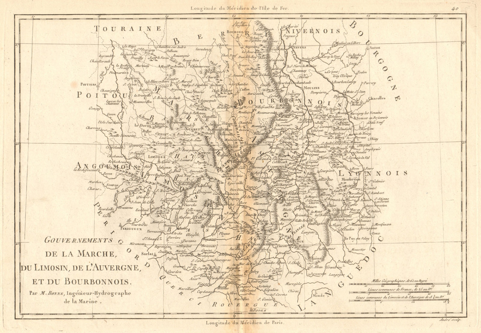 La Marche, Limosin, Auvergne & Bourbonnois. Limousin Bourbonnais. BONNE 1787 map