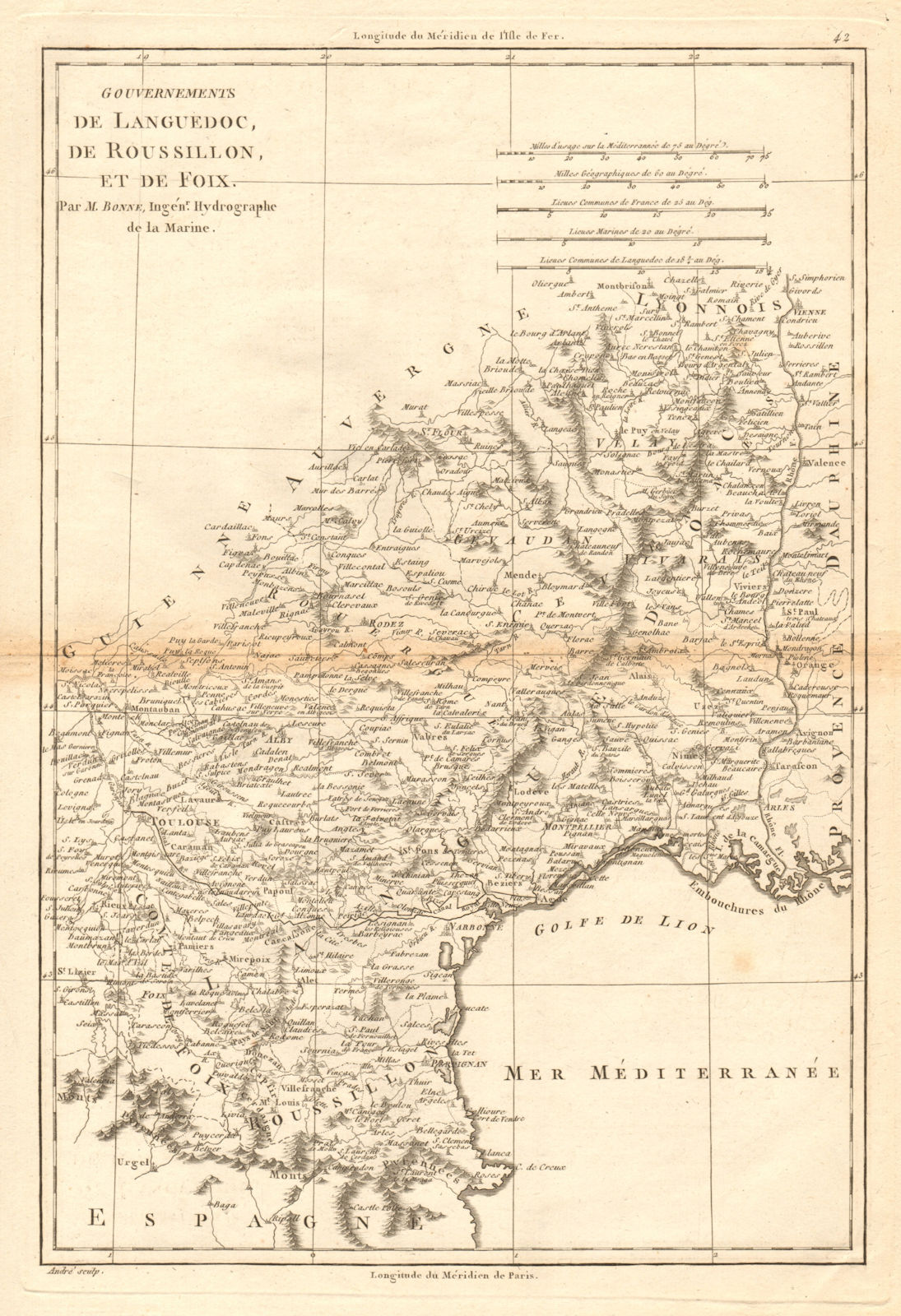 Gouvernements de Languedoc, de Roussillon et de Foix. SW France. BONNE 1787 map