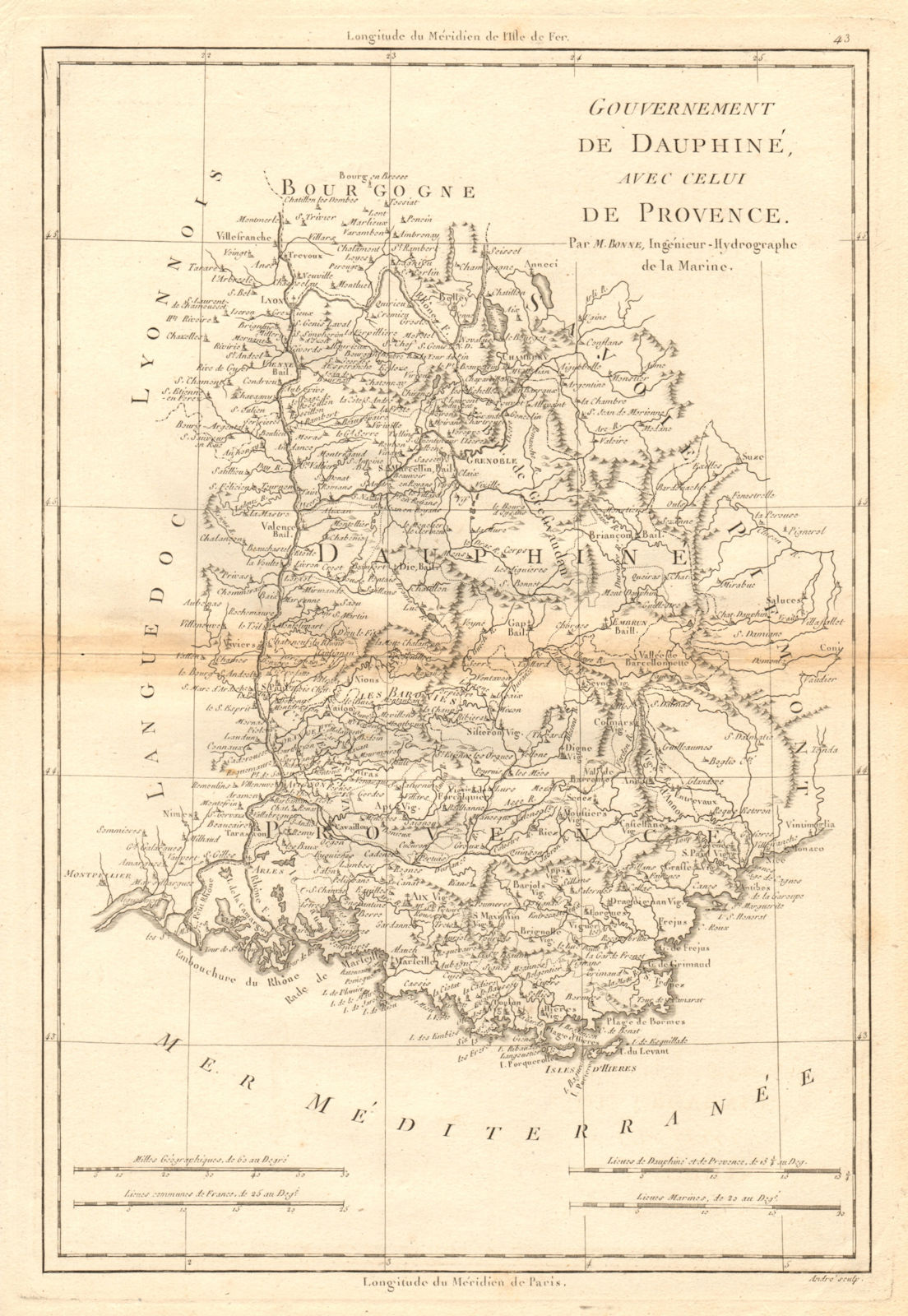 Gouvernement de Dauphiné avec celui de Provence. Rhone Alpes. BONNE 1787 map