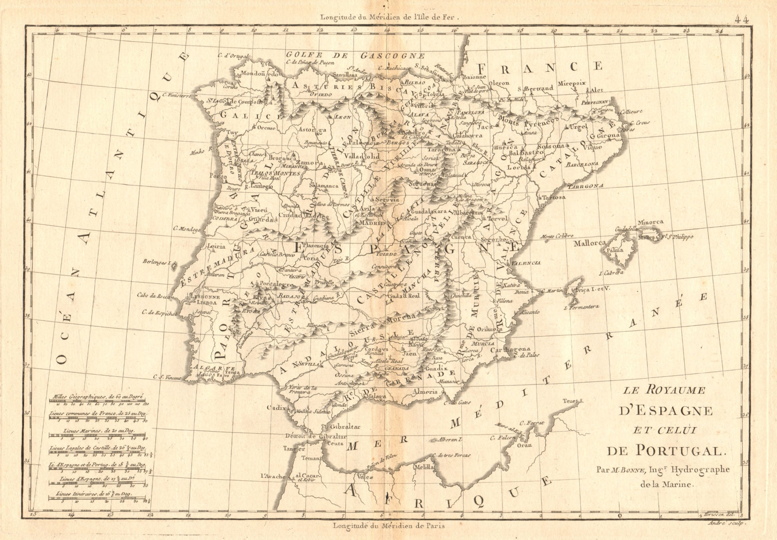 Le Royaume d’Espagne et celui de Portugal. Spain. Iberia. BONNE 1787 old map