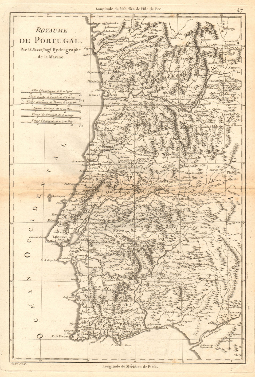 Royaume de Portugal. Kingdom of Portugal. BONNE 1787 old antique map chart