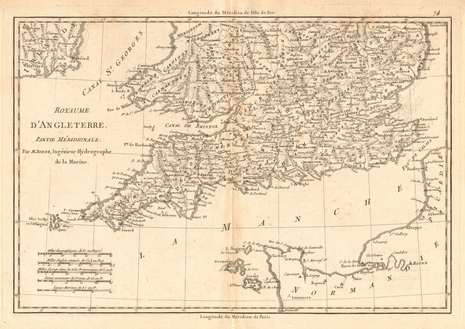 Royaume d’Angleterre, partie Méridionale. England & Wales South. BONNE 1787 map
