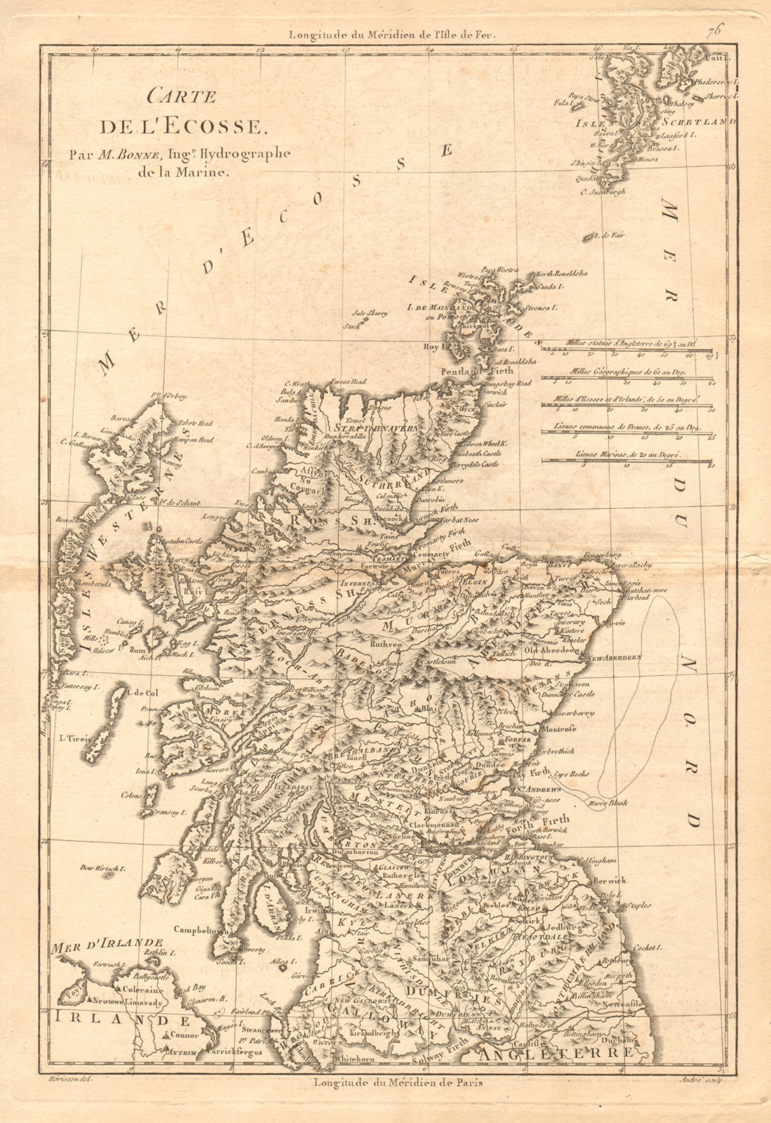 Carte de I’Ecosse. Antique Map of Scotland. BONNE 1787 old chart