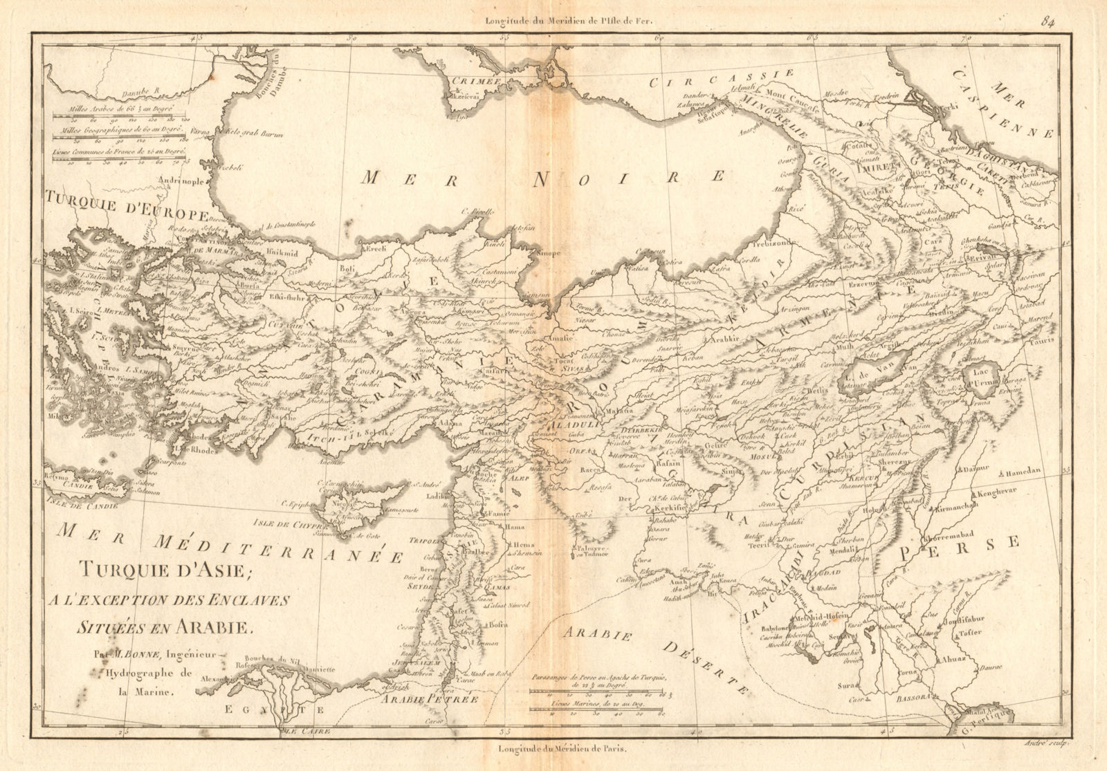 Turquie d’Asie. Turkey in Asia. Levant & Iraq. BONNE 1788 old antique map