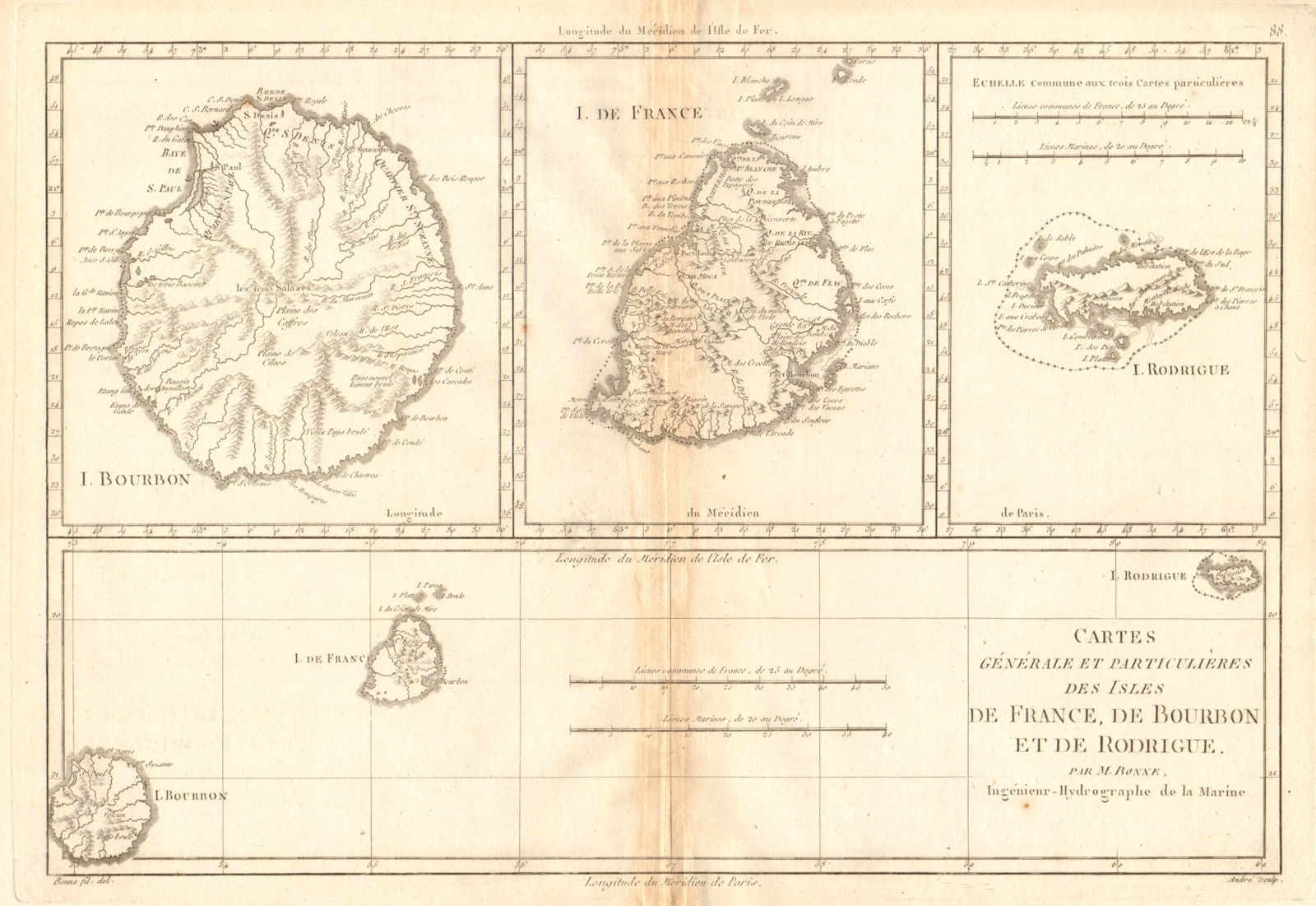 Associate Product Isle de France, Bourbon & Rodrigue. Mauritius Réunion Rodrigues. BONNE 1788 map
