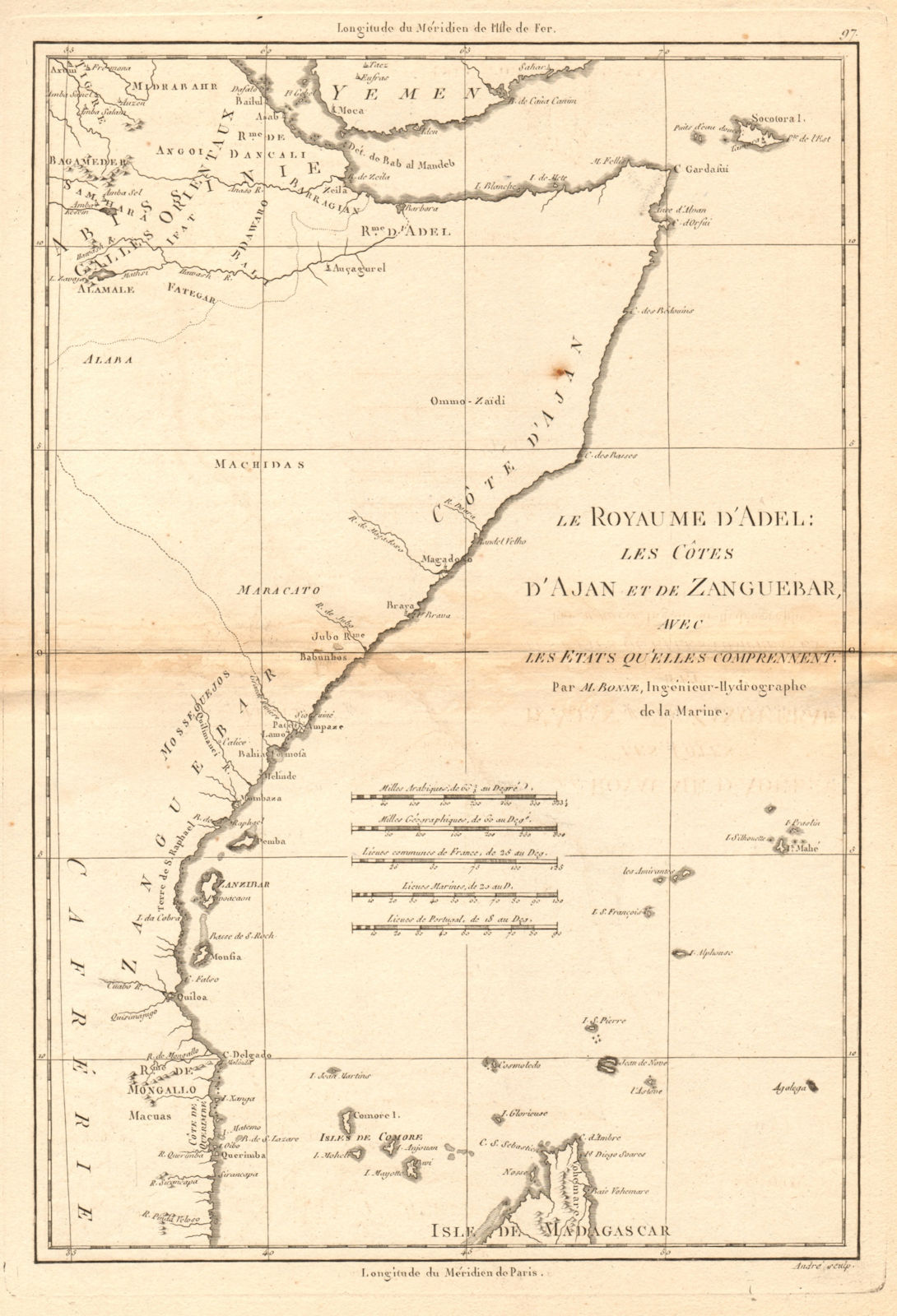 Le Royaume d’Adel… Ajan & Zanguebar. Adal Ajuran. Kenya Tanzania. BONNE 1788 map