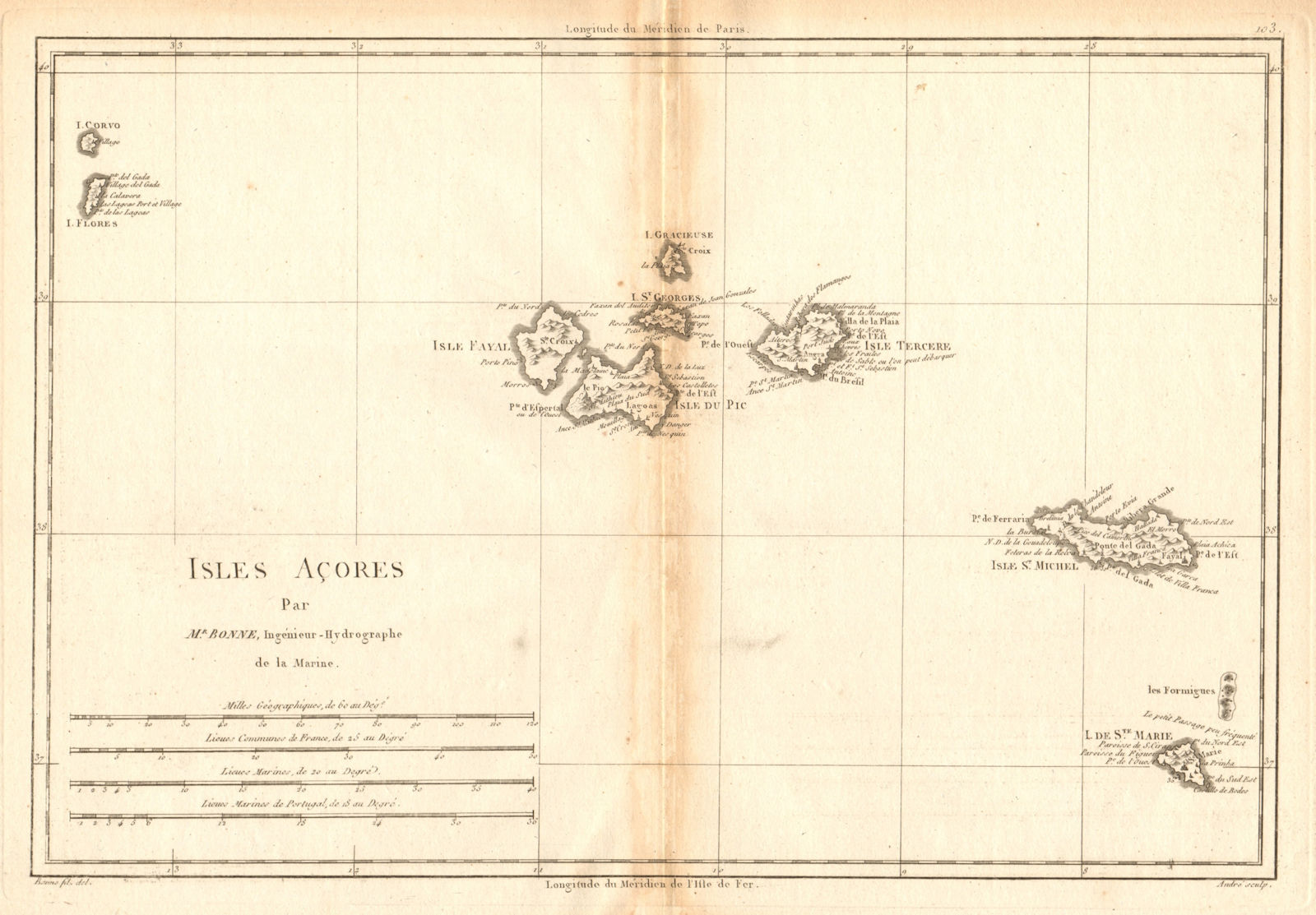 Isles Açores. Azores. Pico Sai Miguel Faial Terceira Flores. BONNE 1788 map