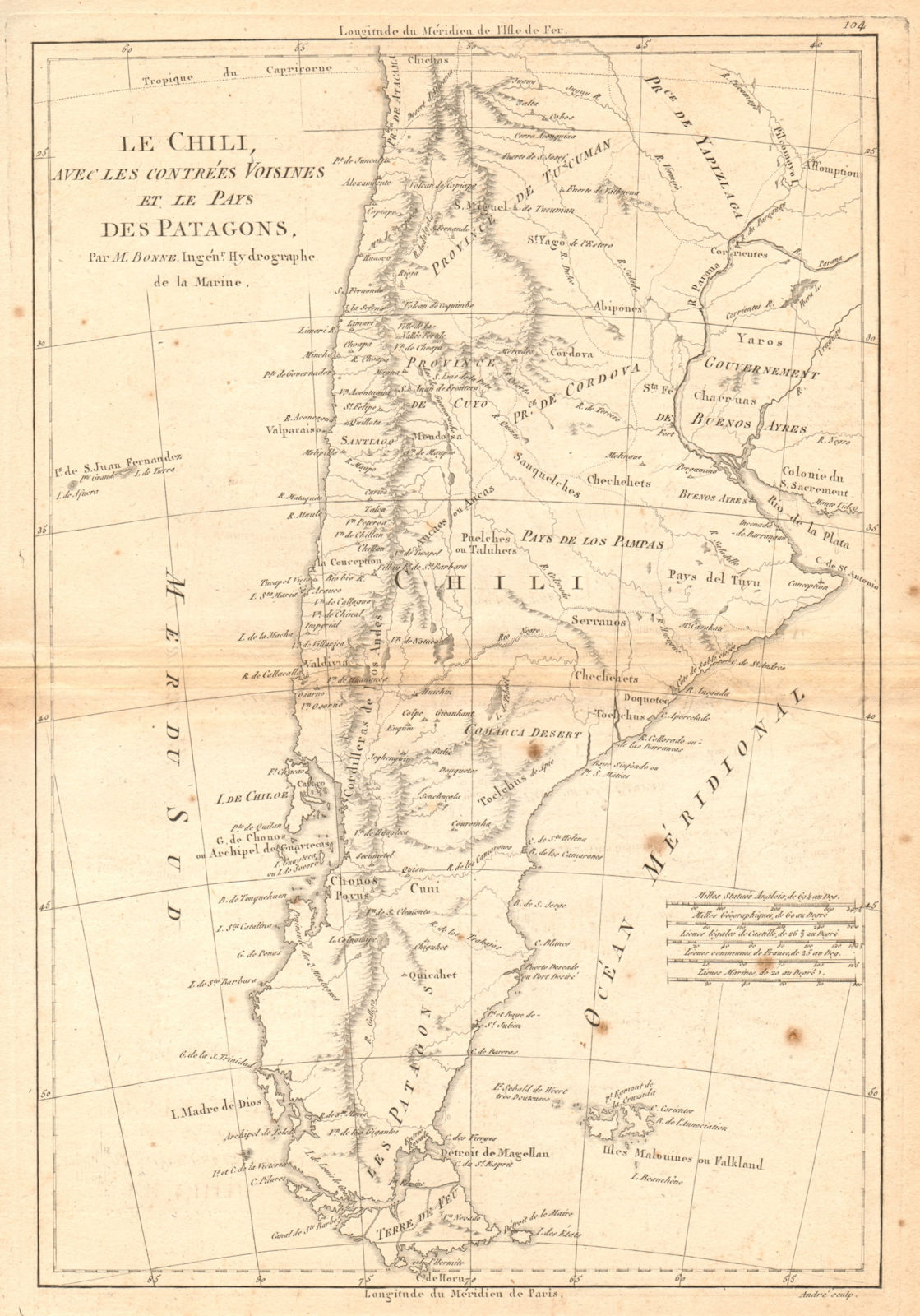 Le Chili… et les pays des Patagons. Chile Argentina Patagonia. BONNE 1788 map
