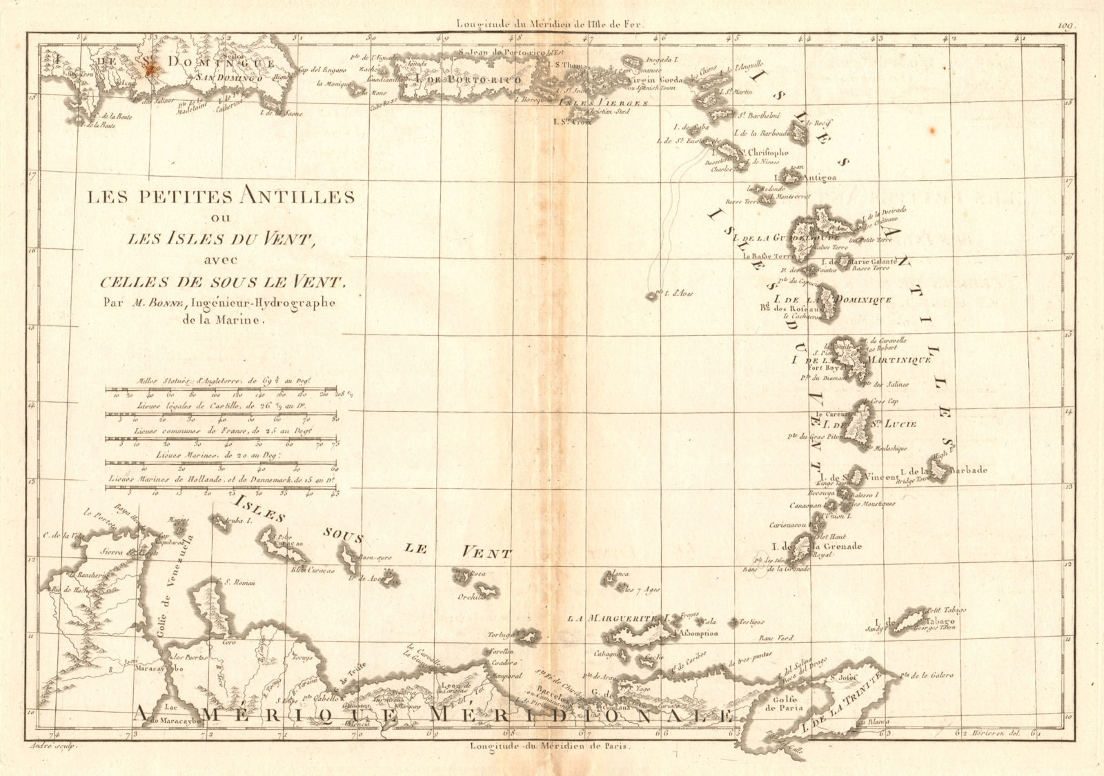 Les Petites Antilles ou les Isles du Vent… West Indies Caribbean. BONNE 1788 map