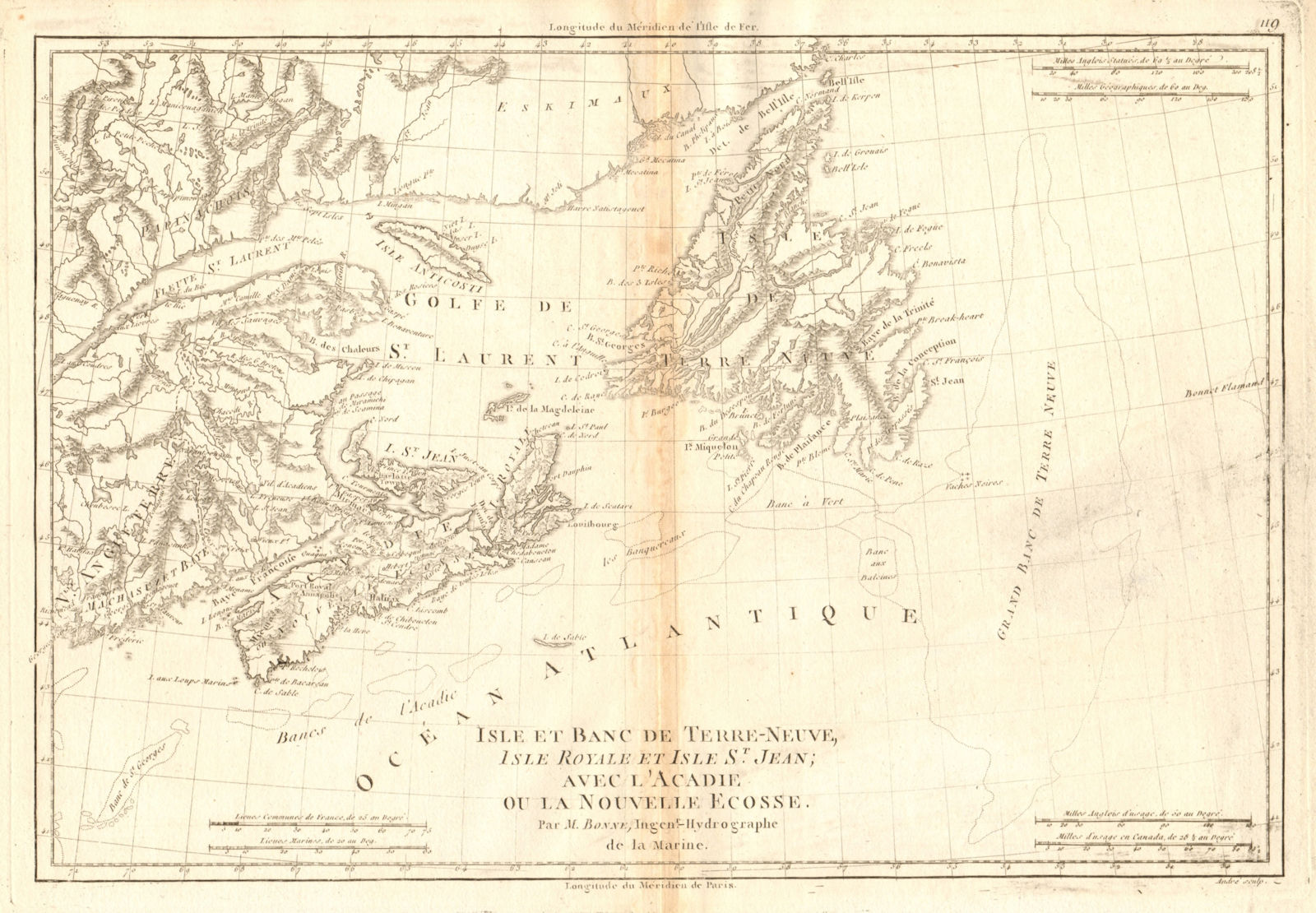 Isle et Banc de Terre-Neuve, Isle Royale… Gulf of St Lawrence. BONNE 1788 map