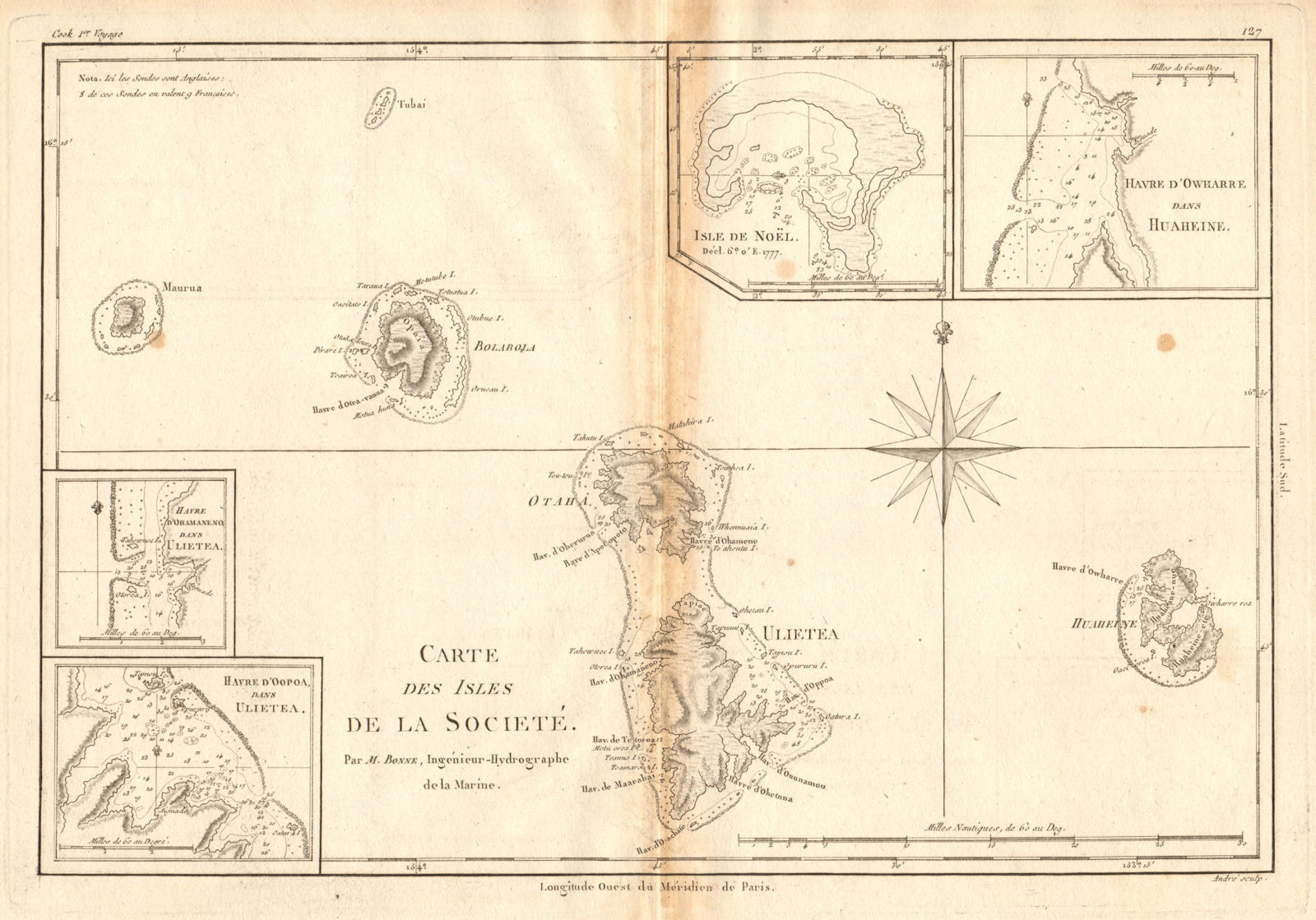 Isles de la Société. Society Islands. Huaheine Raiatea Polynesia. BONNE 1788 map