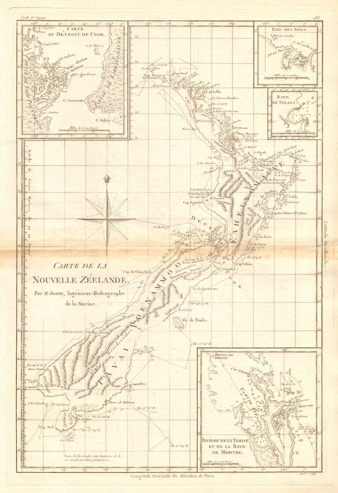 Carte de la Nouvelle Zéelande. New Zealand. Cook Strait. Thames. BONNE 1788 map