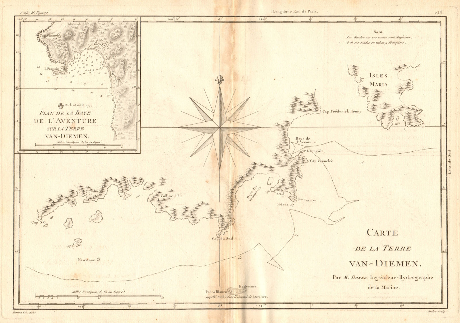 Carte de la Terre Van Diemen. Tasmania. Adventure Bay. Australia. BONNE 1788 map