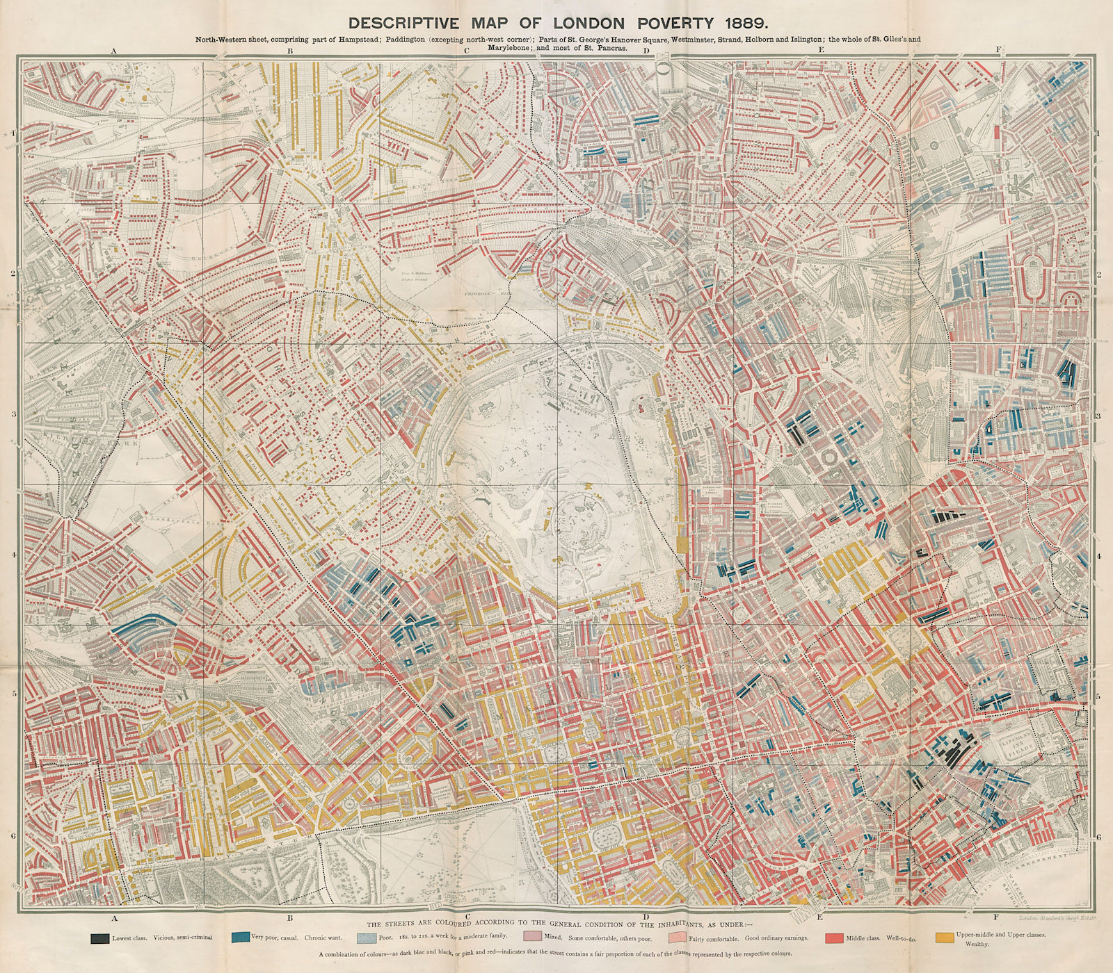Descriptive map of London Poverty. BOOTH. NW - West End Marylebone Mayfair 1889