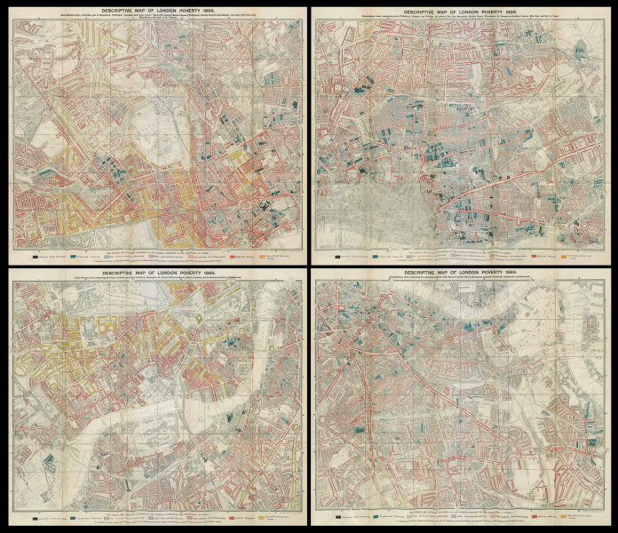 Descriptive map of London Poverty on 4 sheets each 62x57cm by CHARLES BOOTH 1889