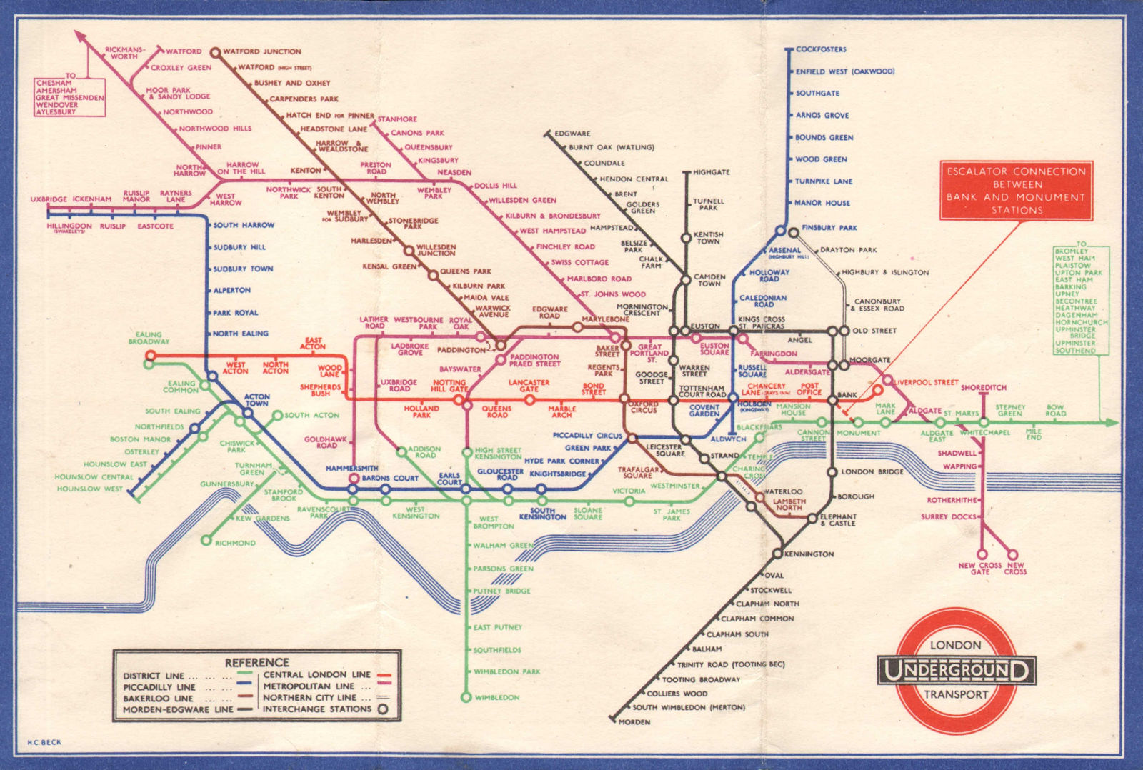 LONDON UNDERGROUND tube plan map diagram. Middle Circle. HARRY BECK #1 1935