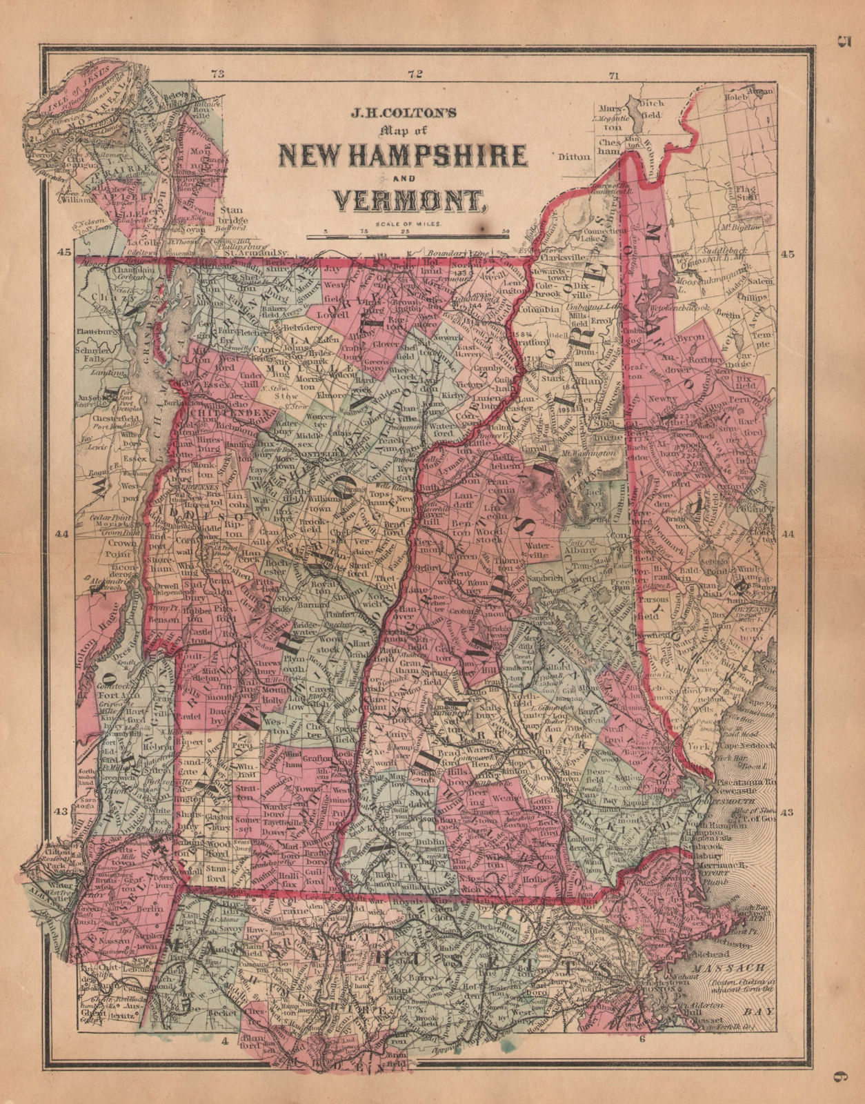 Associate Product J. H. Colton's map of New Hampshire and Vermont 1864 old antique chart