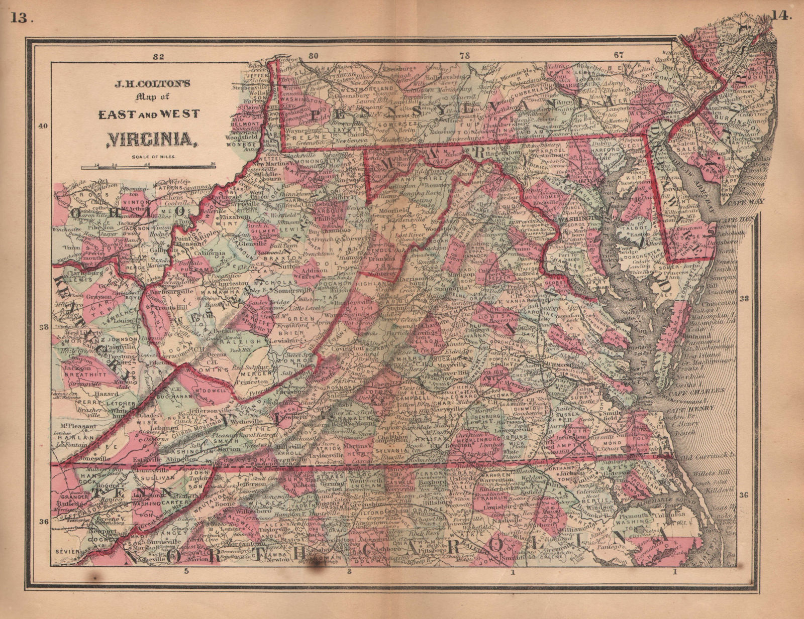 J. H. Colton's map of East and West Virginia 1864 old antique plan chart