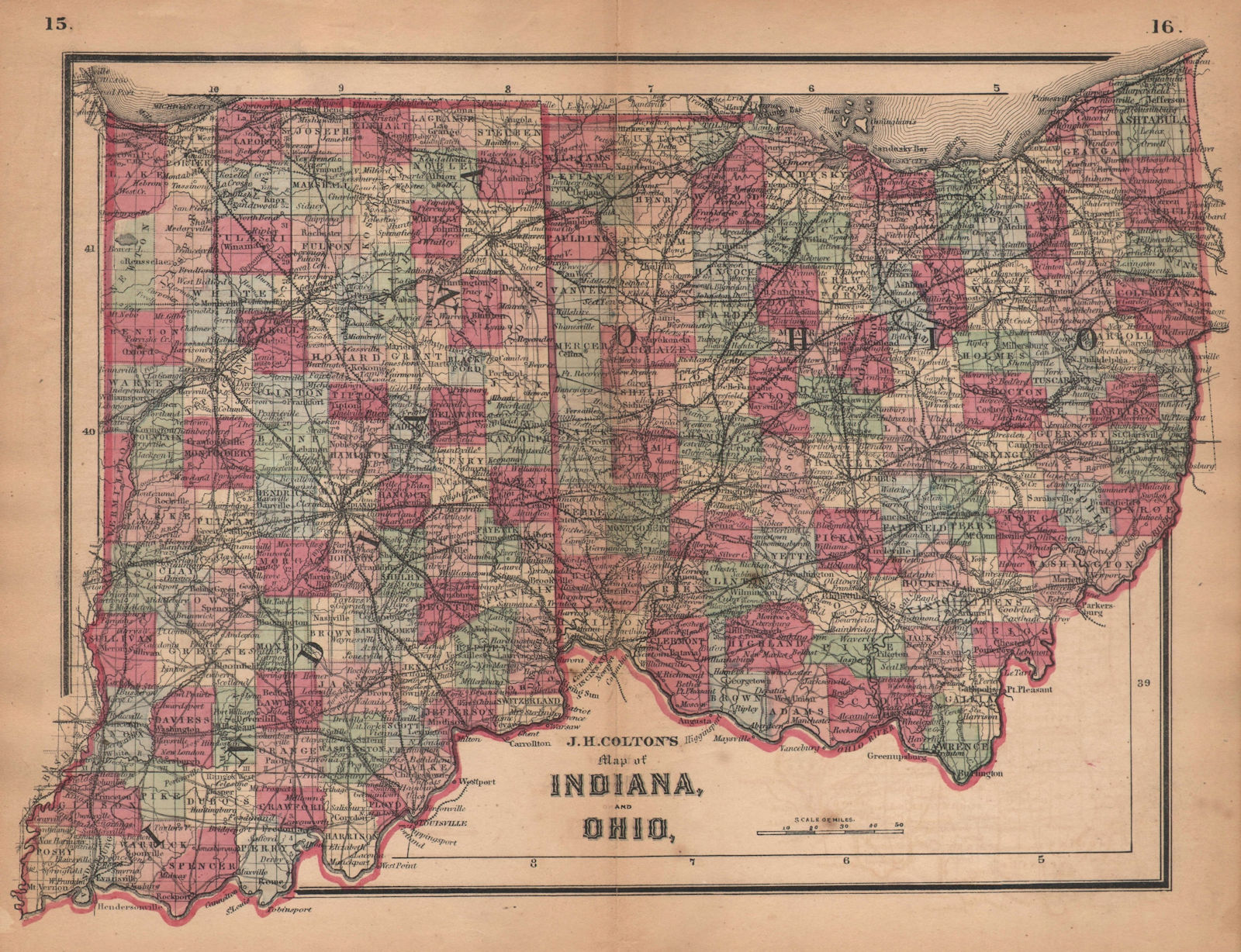 Associate Product J. H. Colton's map of Indiana and Ohio 1864 old antique vintage plan chart