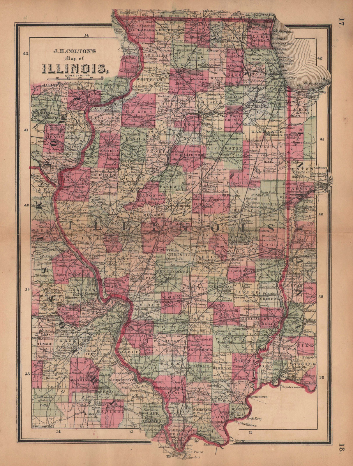 J. H. Colton's map of Illinois 1864 old antique vintage plan chart