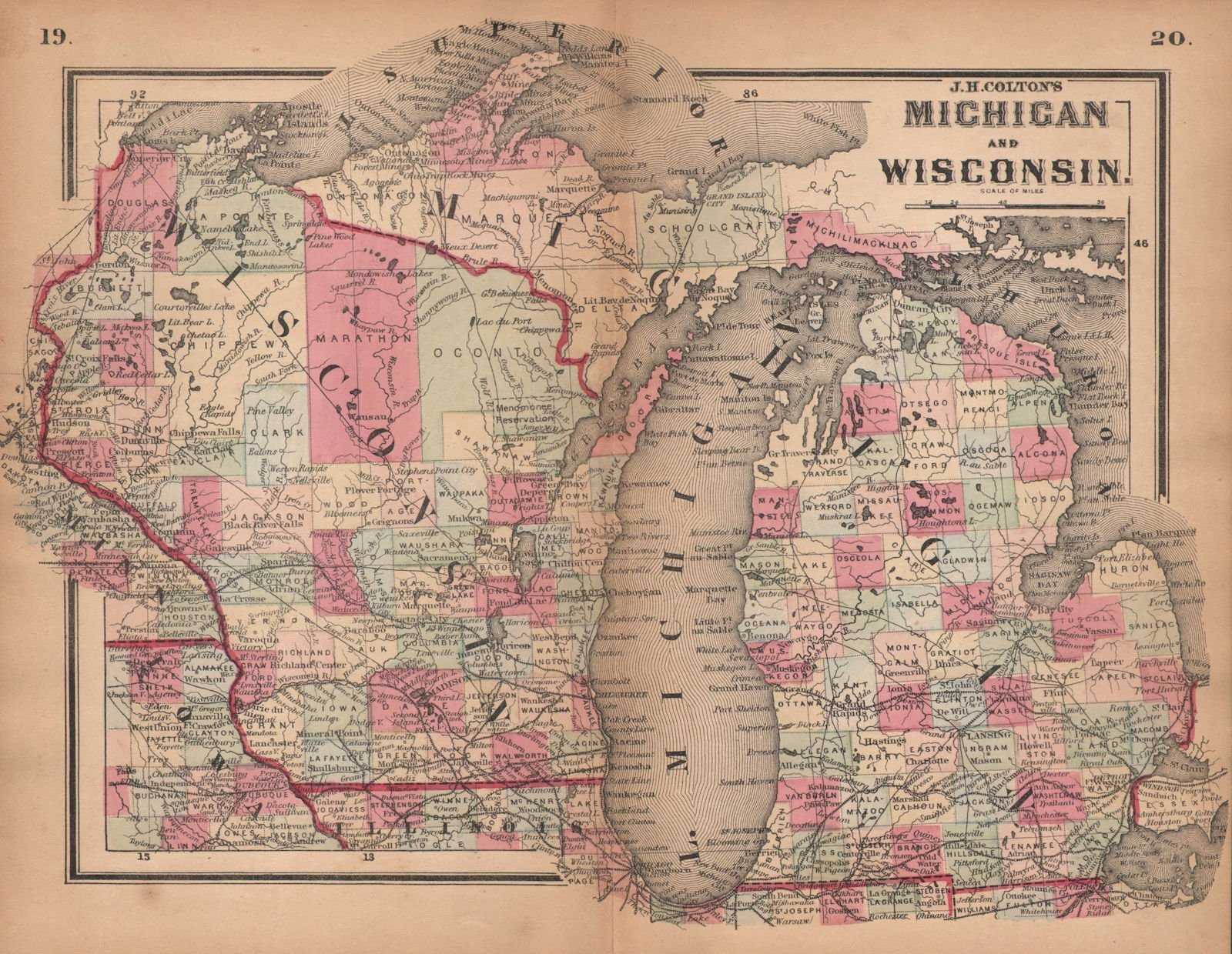 Associate Product J. H. Colton's Michigan and Wisconsin 1864 old antique vintage map plan chart