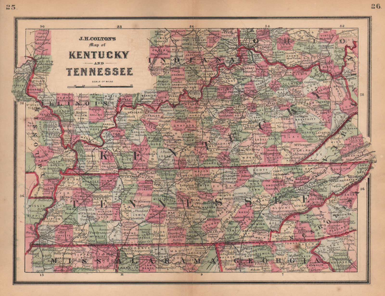 Associate Product J. H. Colton's map of Kentucky and Tennessee 1864 old antique plan chart