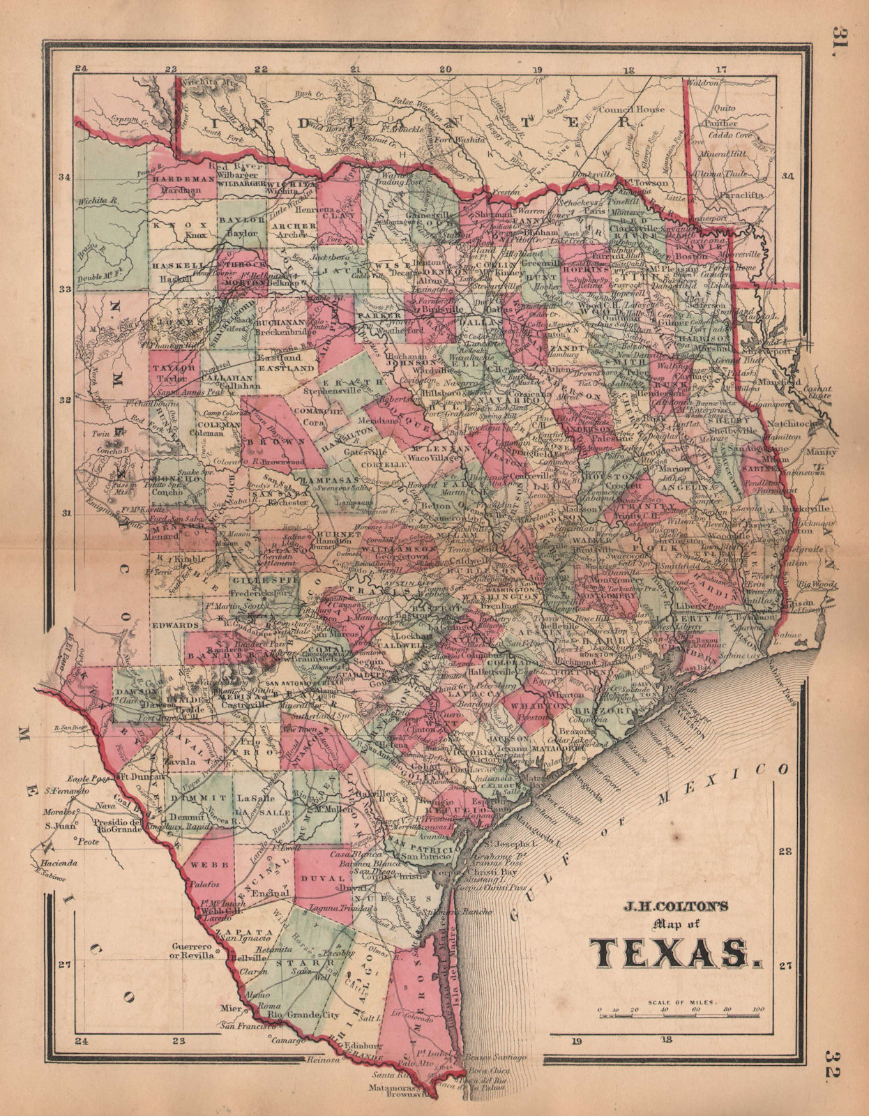 J. H. Colton's map of Texas 1864 old antique vintage plan chart