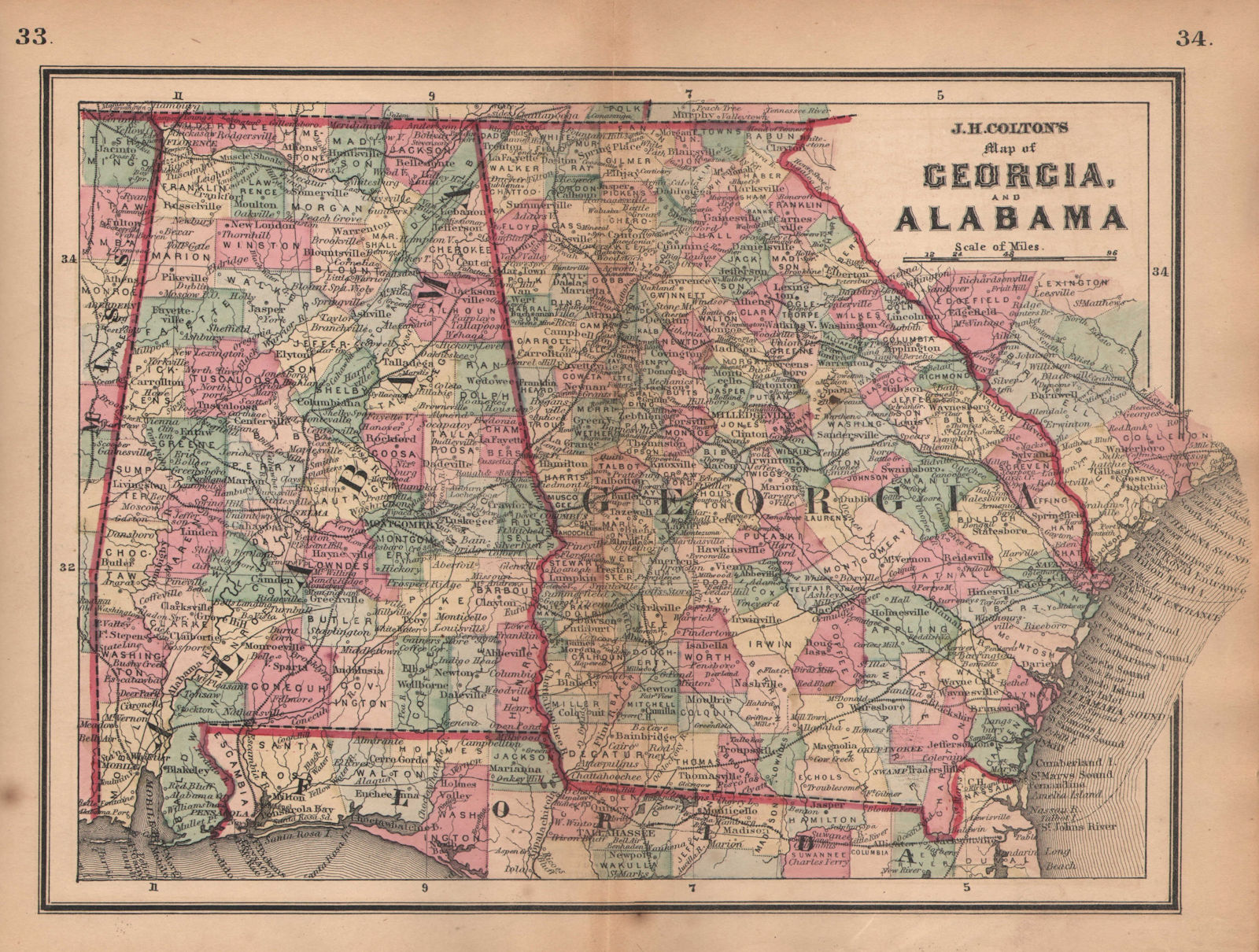 J. H. Colton's map of Georgia and Alabama 1864 old antique plan chart