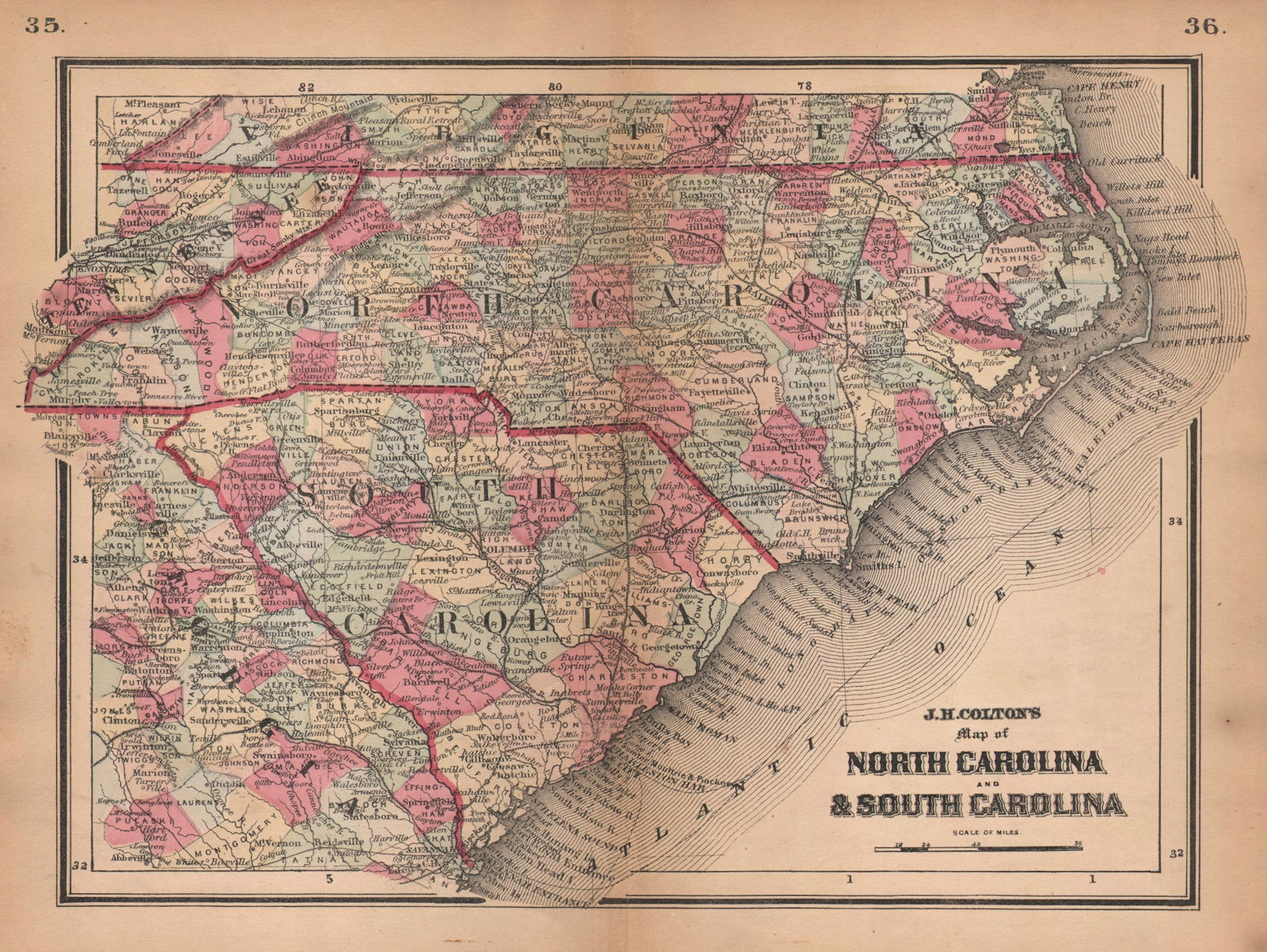 J. H. Colton's map of North Carolina and South Carolina 1864 old antique